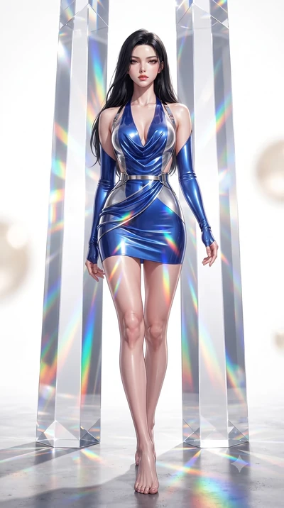 score_9, masterpiece, best quality, ultra-detailed, high-budget anime keyframe, editorial fashion photography, tasteful artistic composition, Korean woman. low angle full-body shot from head to toe showing her feet, filling the entire 9:16 vertical f