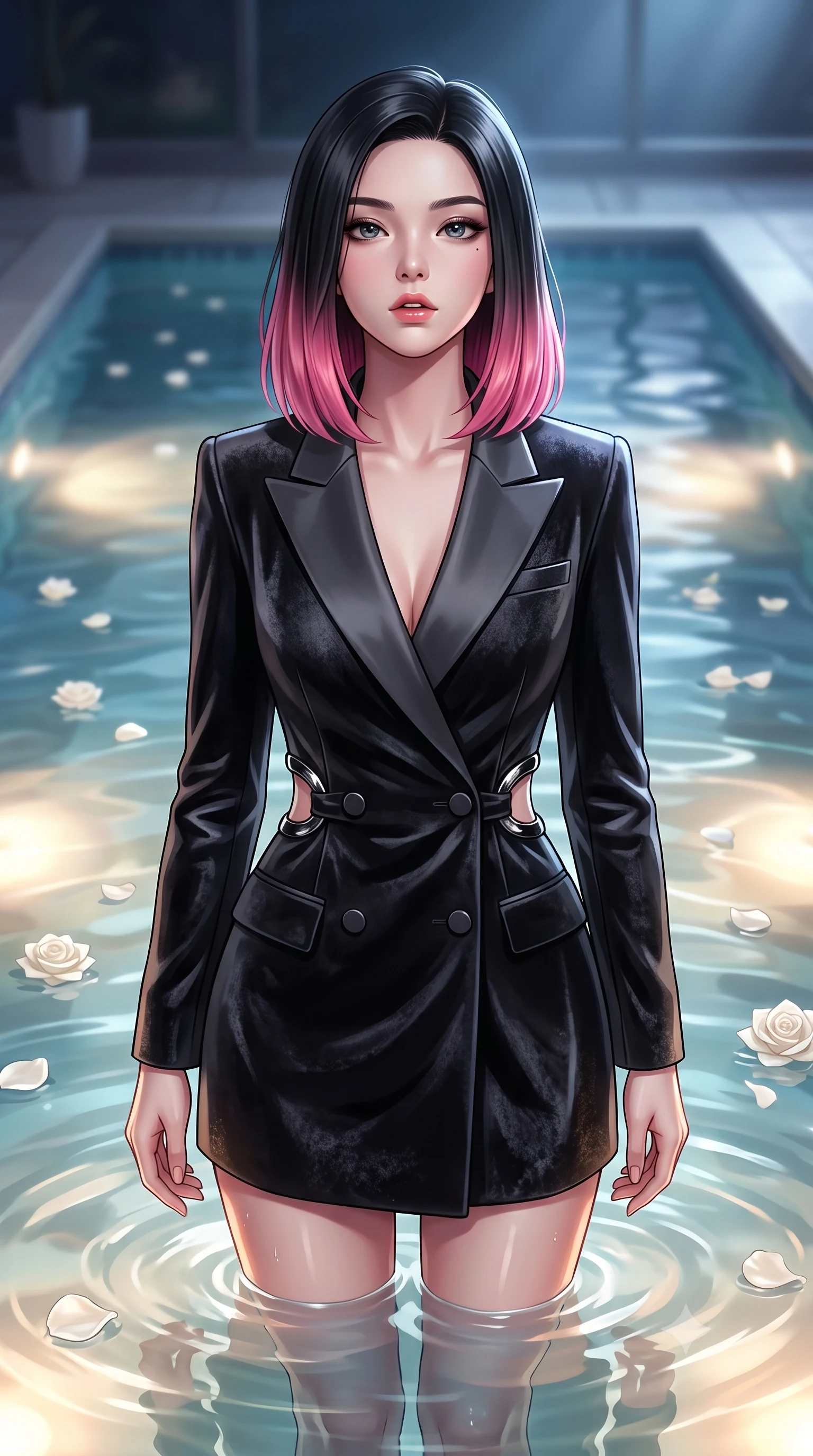 score_9, masterpiece, best quality, ultra-detailed, high-budget anime keyframe, editorial fashion photography, tasteful artistic composition, Korean woman. close-up cowboy shot from the waist and thighs up, the character dominates the composition, filling the frame with her large presence, background elements kept in soft focus. Tilting her chin up slightly with lips parted in a composed, magnetic expression, immersed to the waist in a heated private pool with floating white rose petals, translucent water ripples mirroring her tall statuesque 8.5-heads proportion. She has an exceptionally elegant, slender, and willowy female figure with an ultra-slim waist, a gracefully sculpted slender torso, and a refined silhouette. sharp v-shaped jawline, high-bridge nose, intricate jewel-like eyes with depth, thick eyelashes, glossy lips with a natural sheen. wearing tailored double-breasted obsidian blazer dress with silk lapels in dark charcoal gray, made of crushed dark silk velvet, accented with sculpted obsidian chrome rings at the waist, sculpting her athletic slender build with refined precision. illuminated by warm underwater spotlights and cold silver moonlight from above. highly saturated vibrant anime colors, detailed shading with soft gradients, rich glossy textures, high-contrast stereoscopic depth, volumetric dynamic lighting, master piece, 9:16 ratio
