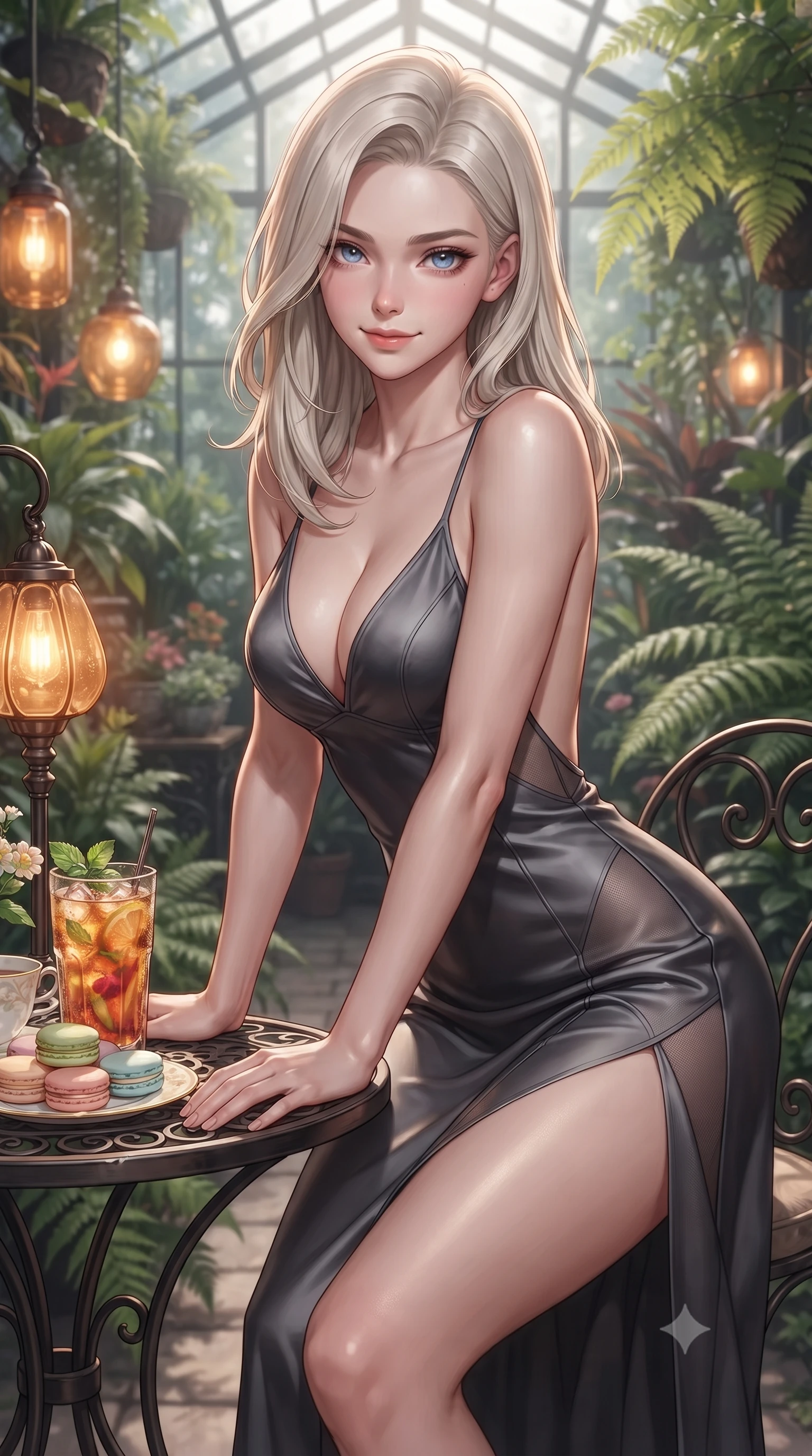 score_9, masterpiece, best quality, ultra-detailed, high-budget anime keyframe, editorial fashion photography, tasteful artistic composition, Caucasian woman. close-up cowboy shot from the waist and thighs up, the character dominates the composition, filling the frame with her large presence, background elements kept in soft focus. leaning slightly forward over the table with a playful, magnetic smile that locks direct eye contact set against a soft-focus background of inside an exclusive botanical greenhouse with a glass of iced fruit tea and delicate macaron pastries arranged on the table. She has an exceptionally elegant, slender, and willowy female figure with an ultra-slim waist, a gracefully sculpted slender torso, and a refined silhouette. sharp v-shaped jawline, high-bridge nose, intricate jewel-like eyes with depth, thick eyelashes, glossy lips with a natural sheen. wearing form-contouring charcoal contouring mesh open-back silk slip dress featuring a deep V-neckline and a leg-lengthening side slit featuring refined tailored seams. illuminated by soft silver moonlight contrasting with the warm amber glow of a nearby lamp. ultra-reflective glossy finish, specular highlights, metallic sheen, high-contrast stereoscopic depth, volumetric dynamic lighting, 2k, ultra detail, master piece, 9:16 ratio