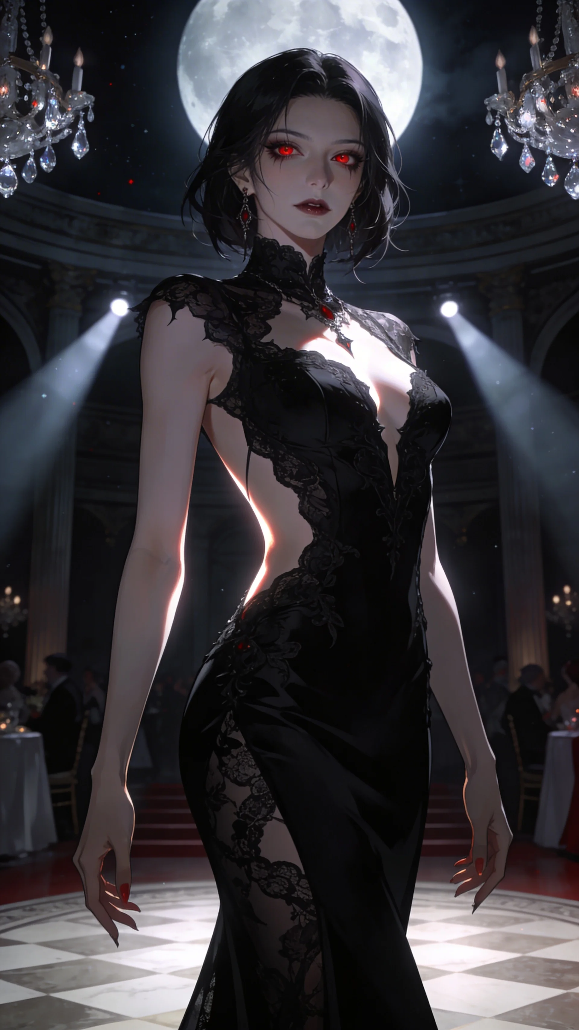 score_9, masterpiece, best quality, ultra-detailed, semi-realistic high-budget anime keyframe, an incredibly beautiful Korean woman. Medium shot of upper body focusing on her alluring features. She is a high-society vampire queen in a moonlit ballroom. She has an absolutely perfect 8-heads proportion, a towering and slender female figure. Her face is a masterpiece with porcelain skin and ruby eyes. She is wearing a high-cut black lace gown, highlighting her alluring silhouette. Moonbeams and crystal chandeliers, radiant glowing skin, dramatic rim lighting, 2k, ultra detail, master piece, 9:16 ratio