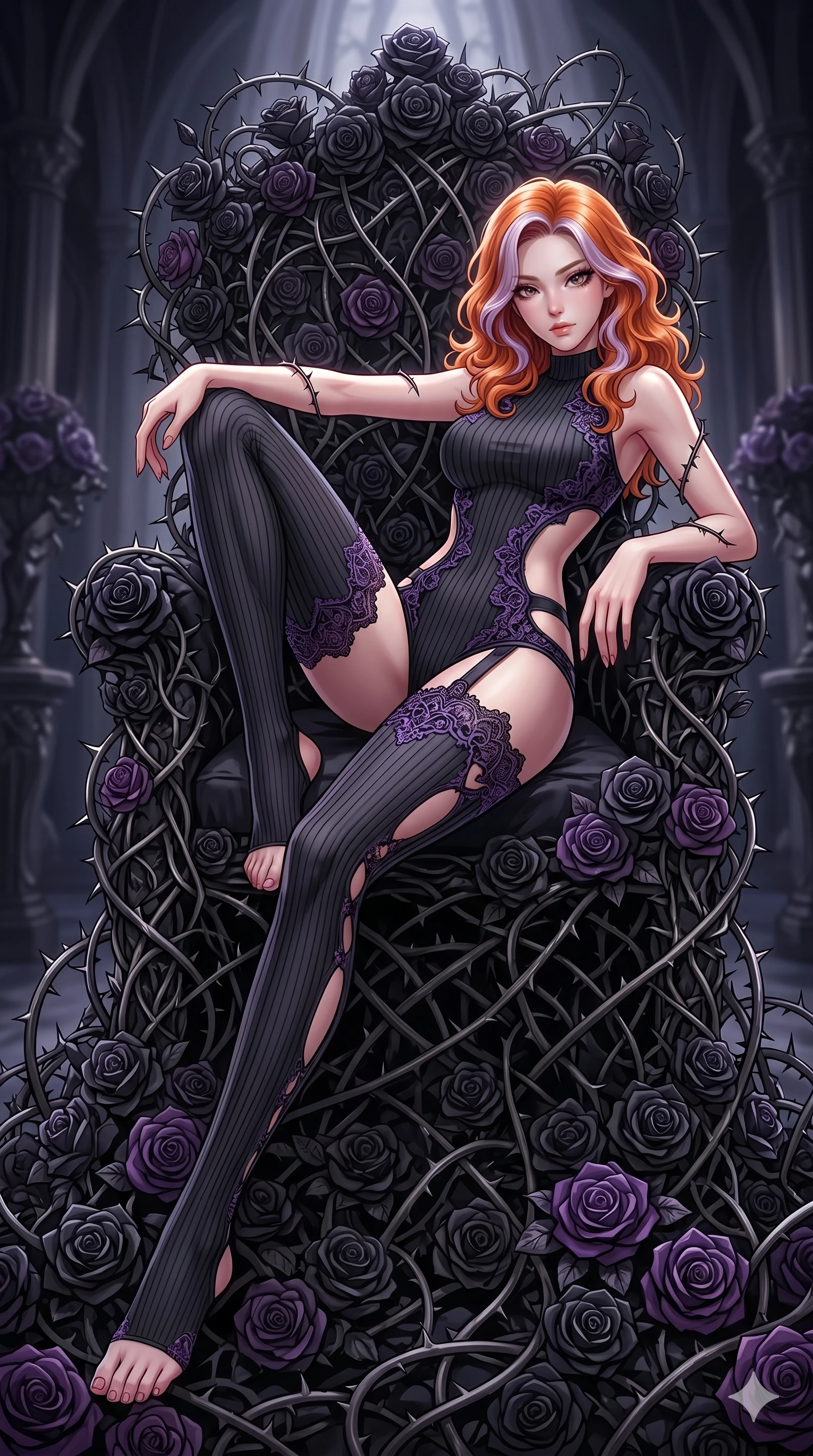 score_9, masterpiece, best quality, ultra-detailed, High-budget Anime Keyframe, East Asian woman. Dynamic full-body shot stretching the vertical silhouette to the limit. Scenario 210: Resting on a throne of black roses, thorns grazing her skin. Her presence is magnetic and overpowering in this high-budget anime scene. Outfit 210: A ribbed bodycon knit garter with a strategic side cut-outs and delicate lace embroidery. The clothing is designed to emphasize her exceptionally tall and slender 8-heads proportion. 8-heads proportion, towering silhouette, ultra-slim waist. sharp v-shaped jawline, intricate jewel-like eyes with depth, thick eyelashes, glossy lips. 2k, ultra detail, master piece, 9:16 ratio