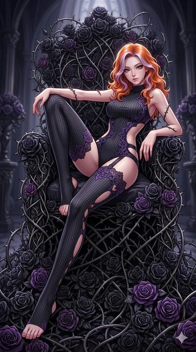 score_9, masterpiece, best quality, ultra-detailed, High-budget Anime Keyframe, East Asian woman. Dynamic full-body shot stretching the vertical silhouette to the limit. Scenario 210: Resting on a throne of black roses, thorns grazing her skin. Her p