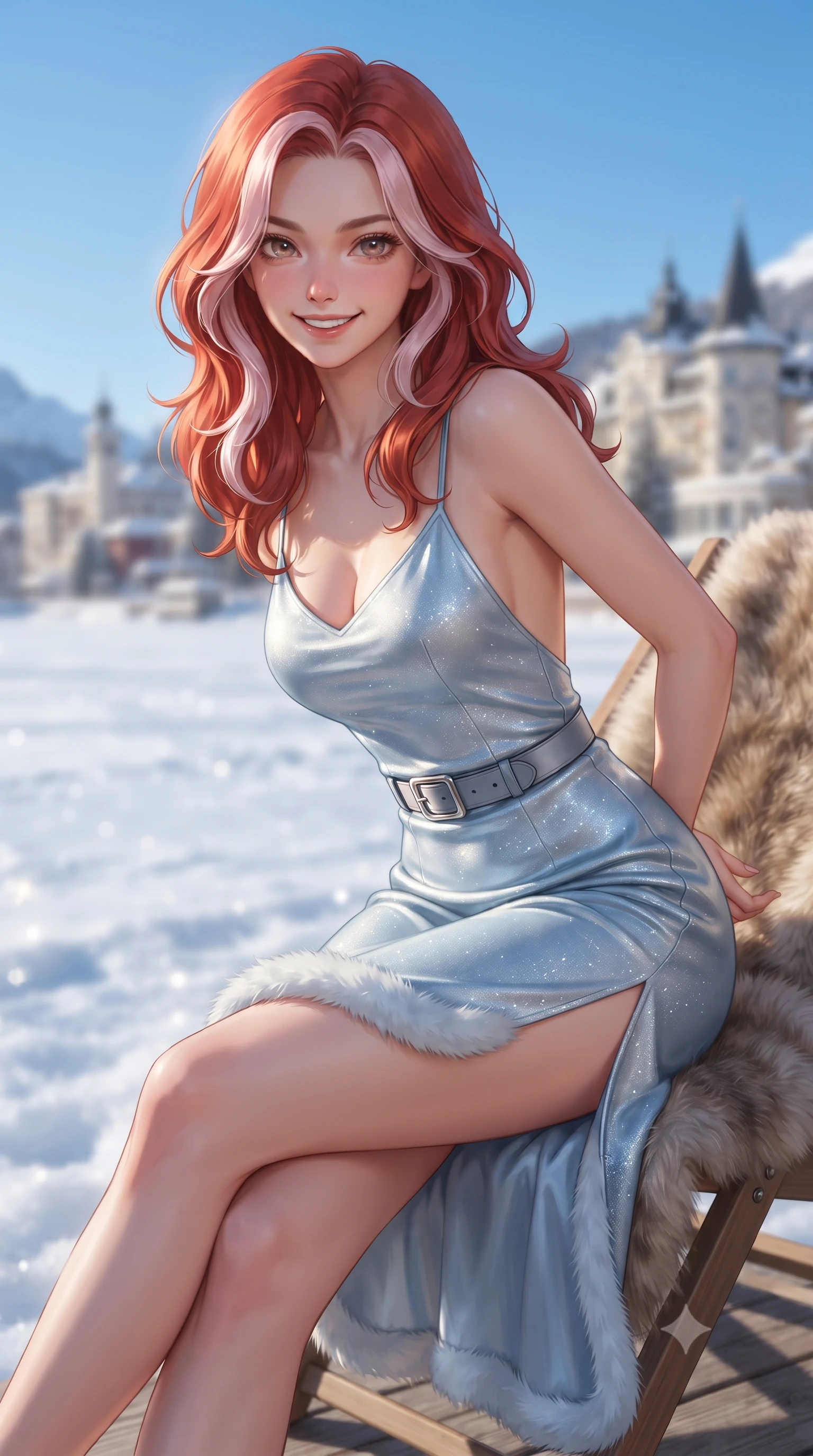 score_9, masterpiece, best quality, ultra-detailed, high-budget anime keyframe, editorial fashion photography, tasteful artistic composition, Caucasian woman. close-up cowboy shot from the waist and thighs up, the character dominates the composition, filling the frame with her large presence. resting both hands lightly behind her back while leaning toward the lens with a cheerful, teasing grin, her form-fitting knit hugging her narrow waist and feminine hip curve while lounging in a fur-draped teak deckchair with legs crossed, flashing an enchanting smile with bedroom-eyes beneath the clear blue winter sky. The composition keeps background elements in soft focus with dreamy creamy bokeh. the glistening expanse of the frozen St. Moritz lake and luxury alpine village turrets blurred into champagne, diamond white, and sky-blue bokeh. She has an exceptionally elegant, slender, and willowy female figure with an ultra-slim waist, flat toned midriff, narrow ribcage, and sculpted feminine hips creating an alluring, slim hourglass silhouette without bulk. sharp v-shaped jawline, high-bridge nose, sparkling ice-crystal eyes with depth, frosty thick lashes, glossy parted lips with a rosy berry sheen, bright playful smile with an intoxicating seductive glint, rosy flushed cheeks radiating cozy warmth and dangerous allure, flawlessly proportioned anatomical accuracy, strict slender model proportions, natural body alignment, perfectly sculpted long slender limbs, ultra-slim waistline, clean dynamic posture without body distortion. wearing a backless ice-blue silk satin slip dress with a faux-fur trimmed hem and thigh-high side slit in cozy oatmeal heather and warm cashmere camel, woven from metallic silver lurex thread casting frosty glints in the light, accented with a sleek leather belt with polished silver buckle cinching her narrow waist, the precision-cut side openings and low-back scoop framing her graceful spine and the sensual sweep of her slim, toned hips. illuminated by warm balcony lantern fill and sharp crystalline silver rim lighting sculpting her sculpted collarbones, ultra-slim waist, and curvy hips. ultra-reflective glossy finish, specular highlights, rich textural contrasts, high-contrast stereoscopic depth, volumetric dynamic lighting, 2k, ultra detail, master piece, 9:16 ratio