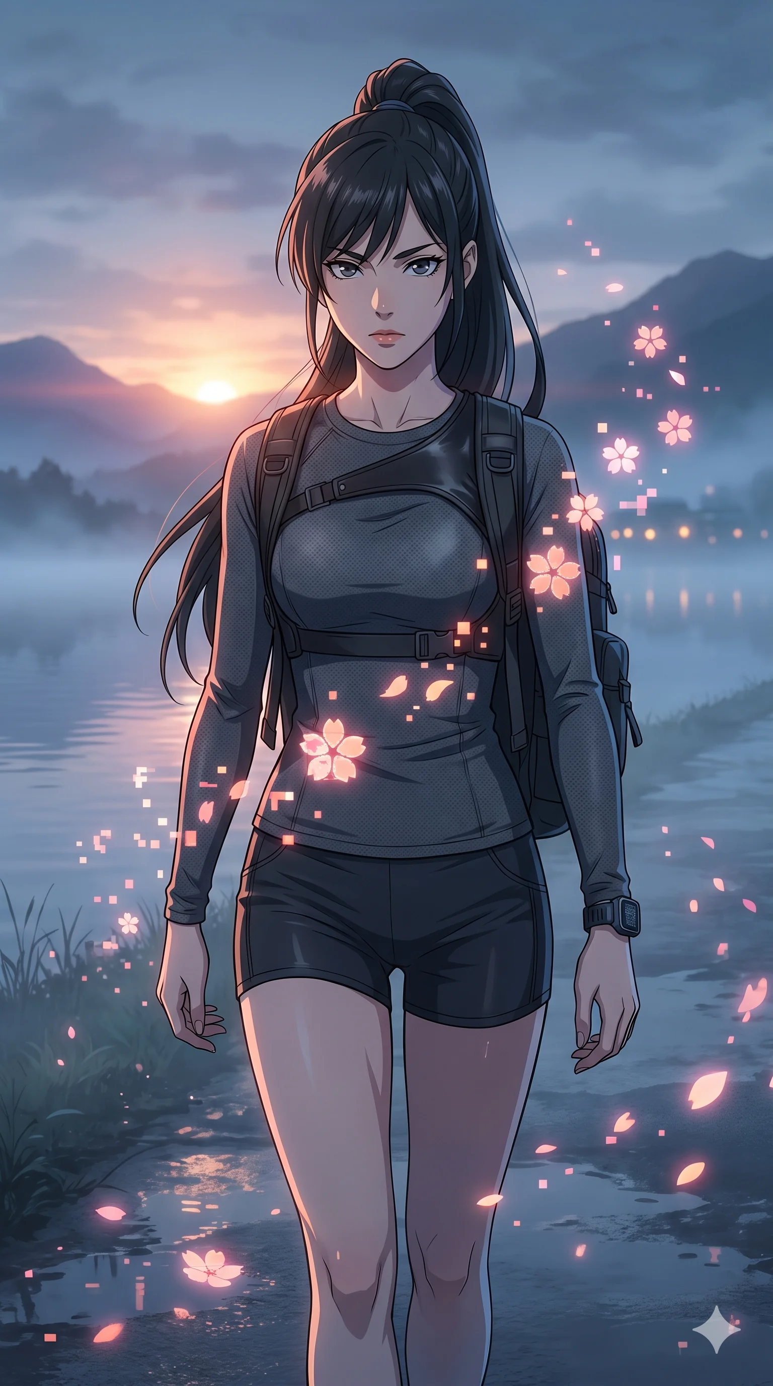 score_9, masterpiece, best quality, ultra-detailed, Set A: High-budget Anime Keyframe, Japanese woman. Upper body close-up from the thighs up, character filling the screen for maximum presence. Walking gracefully through a misty lakeside at dawn, with a look of intense determination reflecting the fires of 67 and surrounded by digital sakura petals. She has an absolutely perfect 8-heads proportion, an exceptionally tall and slender female figure with impossibly long slender legs and an ultra-slim waist. Sharp v-shaped jawline, high-bridge nose, intricate jewel-like eyes with depth, thick eyelashes, glossy lips with a natural sheen. Wearing Asymmetrical leather harness over a sheer mesh leotard and studded micro-shorts. Cinematic lighting, vibrant colors, dramatic shadows, 2k, ultra detail, master piece, 9:16 ratio
