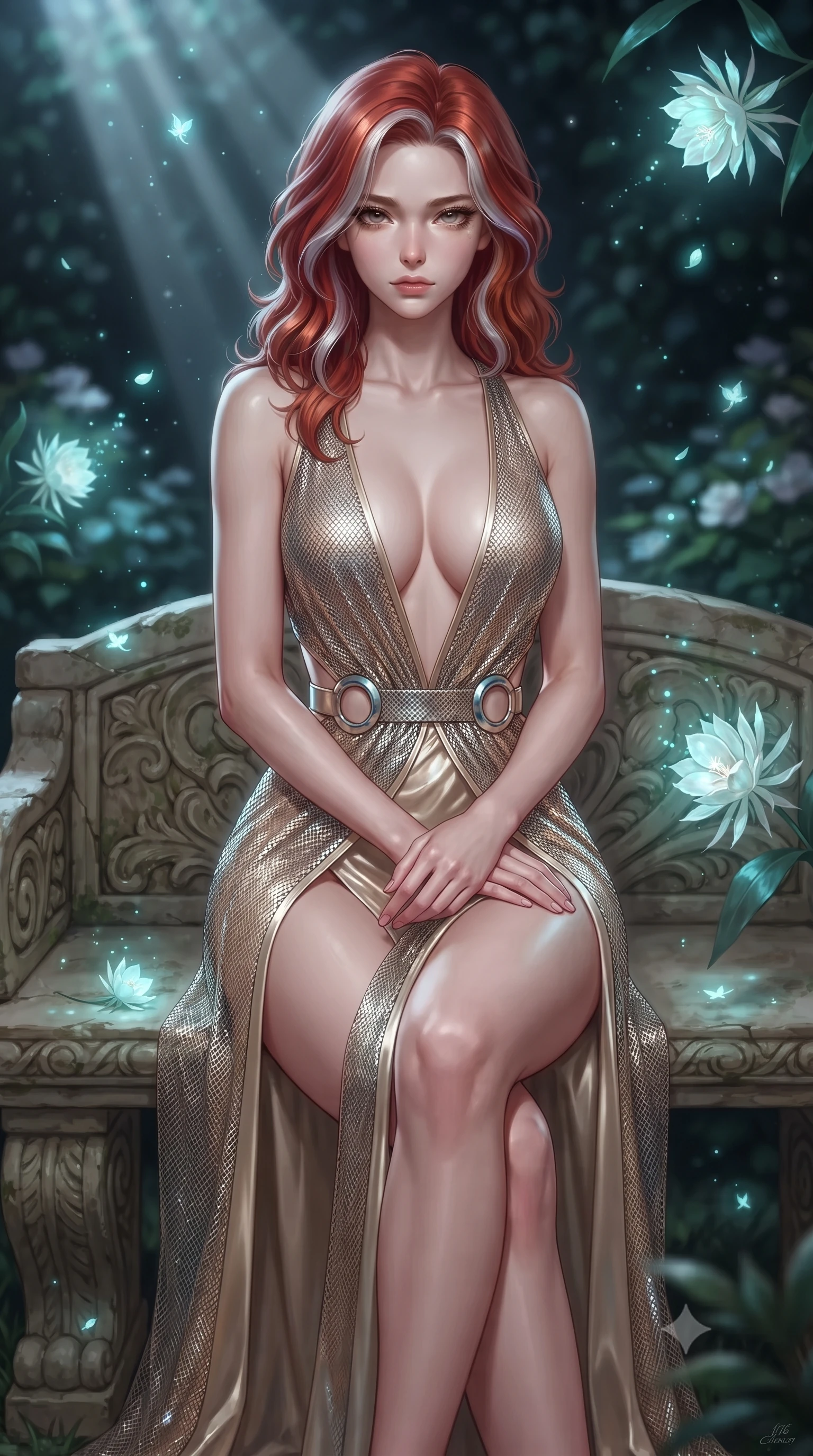 score_9, masterpiece, best quality, ultra-detailed, high-budget anime keyframe, editorial fashion photography, tasteful artistic composition, Caucasian woman. close-up cowboy shot from the waist and thighs up, the character dominates the composition, filling the frame with her large presence, background elements kept in soft focus. Casting a slow, direct gaze beneath heavy lashes with quiet intensity, resting on a stone garden bench surrounded by floating bioluminescent pollen, night-blooming white moonflowers emitting soft bioluminescent turquoise and silver light. She has an exceptionally elegant, slender, and willowy female figure with an ultra-slim waist, a gracefully sculpted slender torso, and a refined silhouette. sharp v-shaped jawline, high-bridge nose, intricate jewel-like eyes with depth, thick eyelashes, glossy lips with a natural sheen. wearing deep plunging V-neckline champagne silk gown with daring high thigh slit in champagne gold, made of fine silver contouring mesh, accented with sculpted opal chrome rings at the waist, highlighting her statuesque proportions and ultra-slim waistline. lit by quiet moonlit key rays piercing through dark garden foliage. ultra-reflective glossy finish, specular highlights, metallic sheen, high-contrast stereoscopic depth, volumetric dynamic lighting, 2k, ultra detail, master piece, 9:16 ratio