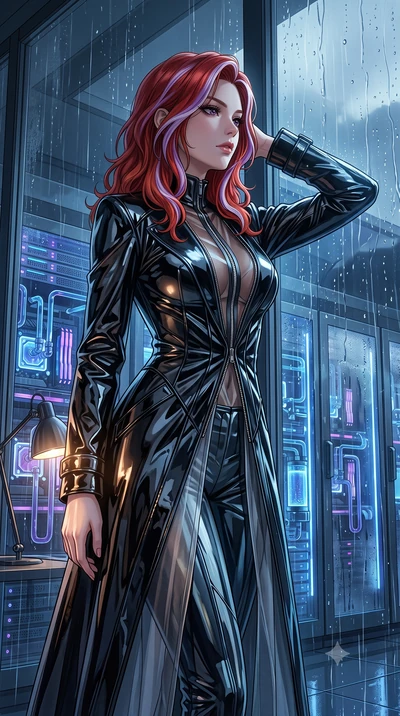 score_9, masterpiece, best quality, ultra-detailed, High-budget Anime Keyframe, Caucasian woman, strictly human ears. Low angle cowboy shot filling the entire 9:16 frame with her statuesque presence. Scenario 307: looking out at the rain through a we