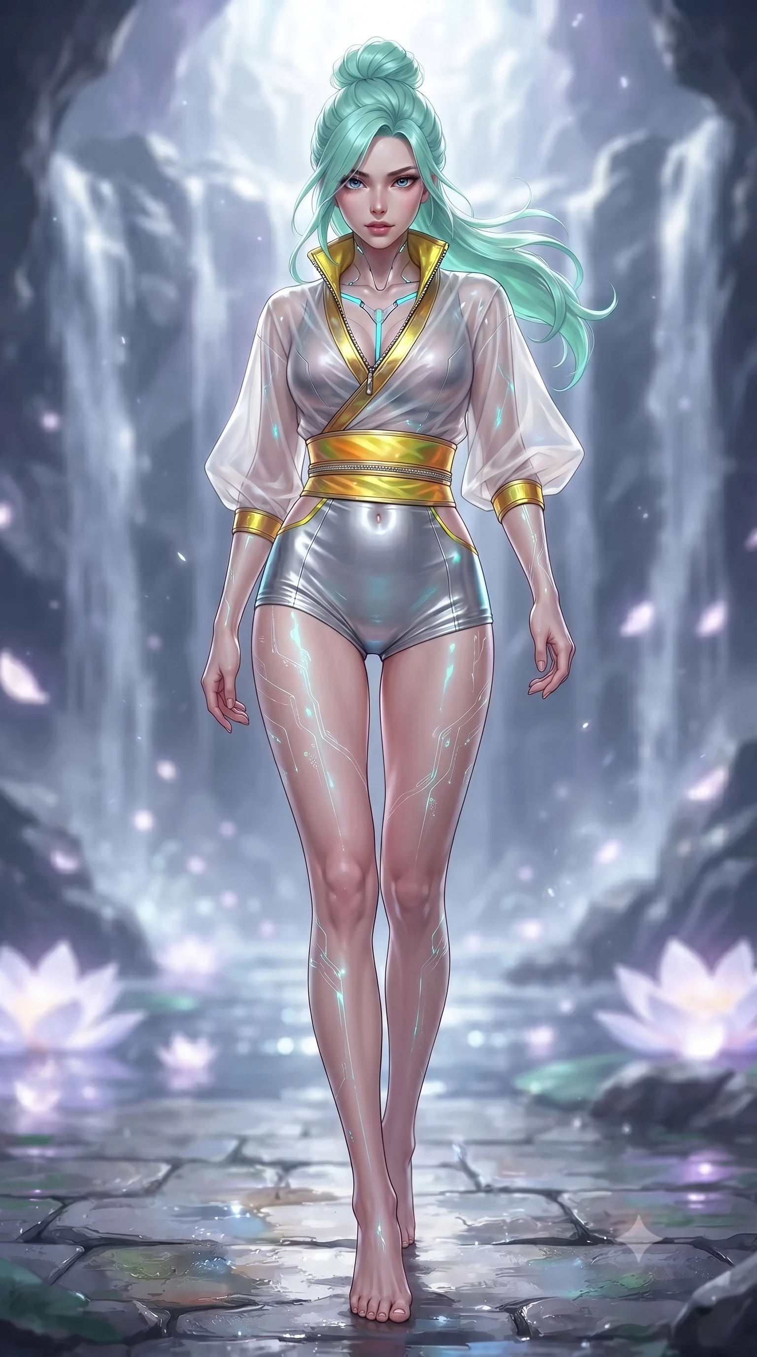 score_9, masterpiece, best quality, ultra-detailed, high-budget anime keyframe, editorial fashion photography, tasteful artistic composition, Japanese woman. low angle full-body shot from head to toe showing her feet, filling the entire 9:16 vertical frame with her statuesque presence, stretching her vertical silhouette. striding forward in a proud, statuesque motion with a dangerous smolder, her vertical silhouette dominating the frame from head to toe while arching her spine in a fluid motion as silver moonlight penetrates the mist of a sacred cavern waterfall. The composition keeps background elements in soft focus with creamy bokeh. cascading silver waterfalls and glowing pearl lotus petals blurred into smooth, dreamy white and violet bokeh. She has an absolutely perfect, statuesque 8.5-heads proportion, an exceptionally tall and slender model-like female figure with impossibly long slender legs, a toned flat midriff, and an ultra-slim waist. sharp v-shaped jawline, high-bridge nose, intricate jewel-like eyes with depth, thick eyelashes, glossy lips with a natural sheen, flawlessly proportioned anatomical accuracy, strict slender model proportions, natural body alignment, perfectly sculpted long slender limbs, ultra-slim waistline, clean dynamic posture without body distortion. wearing a shortened cyber-fusion wrap top with transparent chiffon panels, a deep crossover neckline, and a high-waisted metallic sash that accentuates her ultra-slim waist in vibrant sunburst canary yellow and gold trim, made of liquid metal jersey that clings flawlessly to every contour of her build, featuring a dangerously unzipped neckline framed by glowing cybernetic accents, the glove-like aerodynamic second-skin fit tightly clinging to her ultra-slender waist and athletic curves without adding bulk, accentuating her razor-sharp statuesque lines and slim hourglass silhouette. bathed in brilliant silver moonlight backlighting and glowing cyan water refractions. ultra-reflective glossy finish, specular highlights, metallic sheen, high-contrast stereoscopic depth, volumetric dynamic lighting, 2k, ultra detail, master piece, 9:16 ratio
