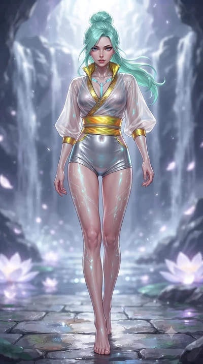 score_9, masterpiece, best quality, ultra-detailed, high-budget anime keyframe, editorial fashion photography, tasteful artistic composition, Japanese woman. low angle full-body shot from head to toe showing her feet, filling the entire 9:16 vertical