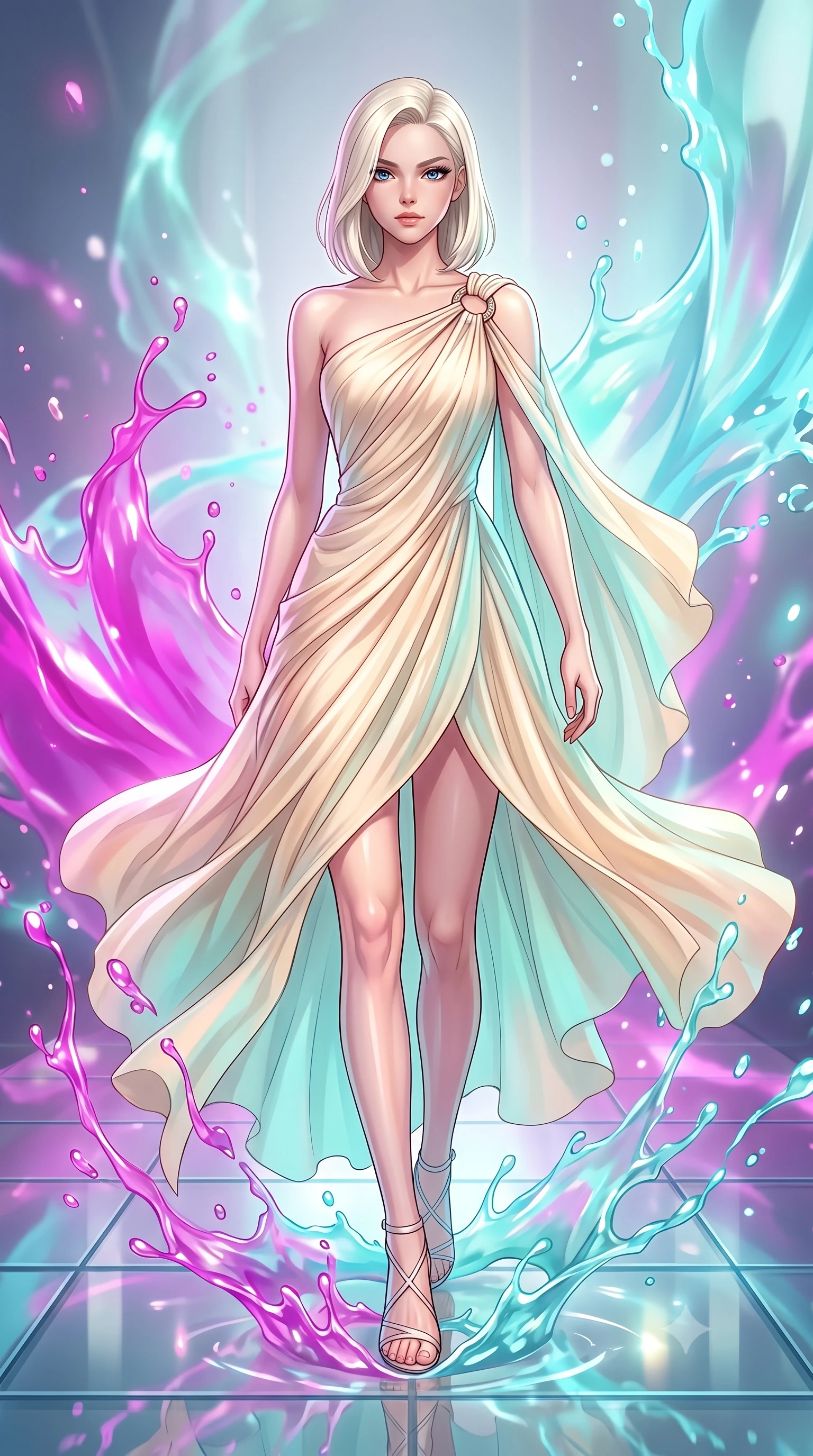 score_9, masterpiece, best quality, ultra-detailed, high-budget anime keyframe, editorial fashion photography, tasteful artistic composition, Caucasian woman. low angle full-body shot from head to toe showing her feet, filling the entire 9:16 vertical frame with her statuesque presence, stretching her vertical silhouette. stepping forward with proud posture, filling the vertical frame with her magnetic presence stepping across a reflective glass floor drenched in vibrant fluid splashes, vibrant paint droplets frozen in time casting specular highlights. She has an absolutely perfect, statuesque 8.5-heads proportion, an exceptionally tall and slender model-like female figure with impossibly long slender legs and an ultra-slim waist. sharp v-shaped jawline, high-bridge nose, intricate jewel-like eyes with depth, thick eyelashes, glossy lips with a natural sheen. wearing an elegant Grecian draped chiffon gown with an asymmetrical shoulder strap and ring detail, the elegant draped fit framing her graceful clavicle and slender torso. surrounded by a radiant glow of magenta and aqua fluid highlights. highly saturated vibrant anime colors, detailed shading with soft gradients, rich glossy textures, high-contrast stereoscopic depth, volumetric dynamic lighting, master piece, 9:16 ratio