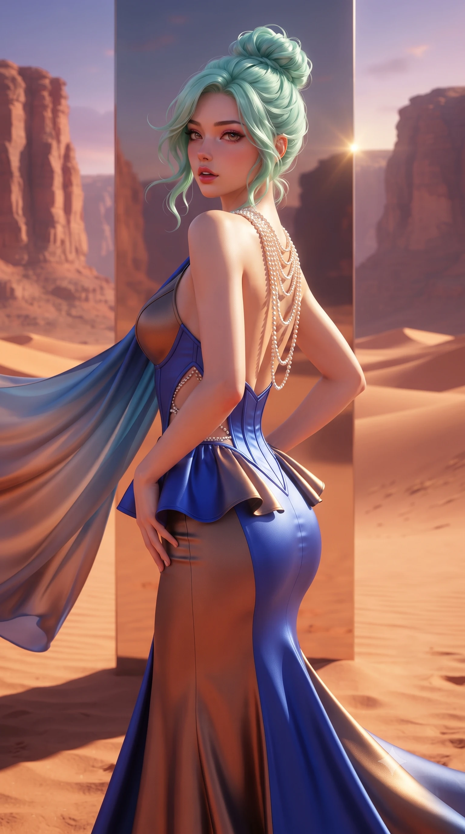 score_9, masterpiece, best quality, ultra-detailed, high-budget anime keyframe, semi-realistic 3D game render, editorial fashion photography, tasteful artistic composition, Japanese woman. close-up cowboy shot from the waist and thighs up, the character dominates the composition, filling the frame with her large presence. posing in an alluring rear three-quarter angle, arching her lower back in a pronounced S-curve with one hand on her hip, glancing seductively over her bare shoulder with parted glossy lips while striding across the desert sand path beside the reflective monolith, her sweeping silk chiffon cape billowing against the red canyon walls. The composition keeps background elements in soft focus with creamy bokeh. ancient wind-carved sandstone cliffs and endless golden dunes blurred into burnt ochre, rose-terracotta, and twilight-violet bokeh. She has an exceptionally elegant, slender, and willowy female figure with an ultra-slim waist, flat toned midriff, narrow ribcage, and sculpted feminine hips creating an alluring, slim hourglass silhouette without bulk. sharp v-shaped jawline, high-bridge nose, intricate jewel-like eyes with depth, thick eyelashes, glossy parted lips with a natural sheen, intensely captivating and seductive bedroom-eyes expression, flawlessly proportioned anatomical accuracy, strict slender model proportions, natural body alignment, perfectly sculpted long slender limbs, ultra-slim waistline, clean dynamic posture without body distortion. wearing a modern peplum corset dress with side-waist diamond cutouts and an ultra-tight silhouette in royal sapphire blue and liquid bronze, made of fluid silk crepe with delicate inner corsetry boning, accented with a multi-strand pearl back necklace cascading down her bare spine to her hips, the liquid-tight tailored fabric clinging flawlessly to her narrow waist and rounded feminine hips, emphasizing every millimeter of her sculpted slim hourglass curves without any bulky heaviness. illuminated by mirror-bounce sunset rays sharply defining her sculpted collarbones, ultra-slim waist, and curvy hips. highly saturated vibrant anime colors, detailed shading with soft gradients, rich glossy textures, high-contrast stereoscopic depth, volumetric dynamic lighting, master piece, 9:16 ratio