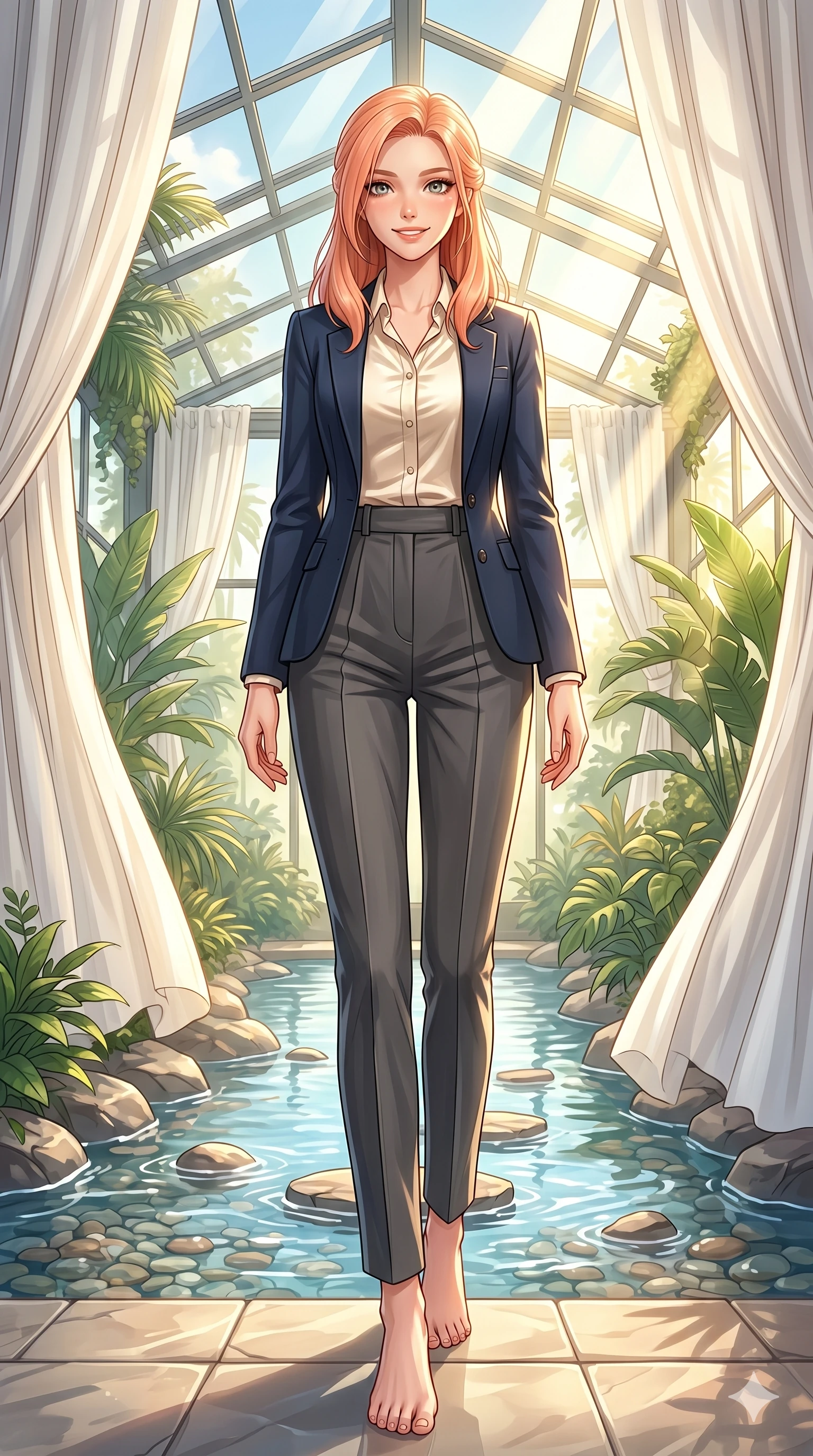 score_9, masterpiece, best quality, ultra-detailed, high-budget anime keyframe, vibrant anime aesthetic, Japanese woman. low angle full-body shot from head to toe showing her feet, filling the entire 9:16 vertical frame with her statuesque presence, stretching her vertical silhouette. She is posing with a warm, inviting smile, her eyes glowing with positive energy inside a luxury spa lounge with white drapes and a sunlit indoor stream (Code-P20-026). She has an absolutely perfect 8-heads proportion, an exceptionally tall and slender female figure with impossibly long slender legs and an ultra-slim waist. V-shaped jawline, high-bridge nose, intricate jewel-like eyes with depth, thick eyelashes, glossy lips with a natural sheen. wearing a tailored suit jacket over a satin shirt and pleated trousers. She is drenched in warm morning sunshine filtering through the conservatory glass, tracing her bare skin. 2k, ultra detail, master piece, 9:16 ratio