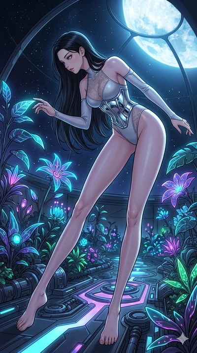 score_9, masterpiece, best quality, ultra-detailed, high-budget anime movie keyframe, cinematic anime lighting, intricate line art, Japanese woman. Dynamic full-body shot stretching the vertical silhouette with extreme perspective. inspecting a garde
