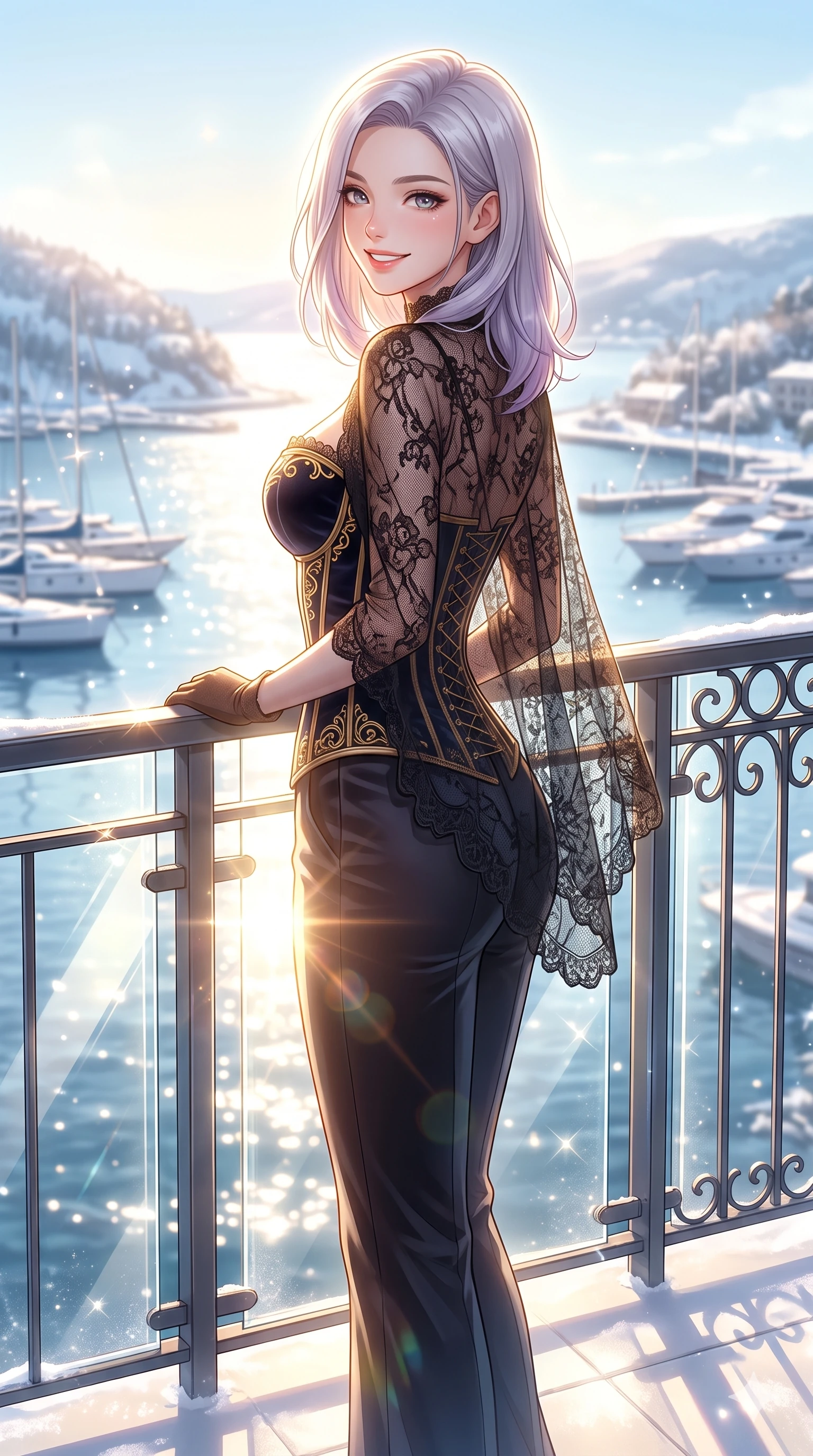 score_9, masterpiece, best quality, ultra-detailed, high-budget anime keyframe, vibrant anime aesthetic, Caucasian woman, strictly human ears. cowboy shot from the thighs up, character and outfit filling the frame for maximum presence. She is standing tall, looking over her shoulder with a radiant, smiling winter expression on a hotel balcony overlooking a sunny winter harbor (Code-P21-170). She has an absolutely perfect 8-heads proportion, an exceptionally tall and slender female figure with impossibly long slender legs and an ultra-slim waist. V-shaped jawline, high-bridge nose, intricate jewel-like eyes with depth, thick eyelashes, glossy lips with a natural sheen. wearing a dark velvet corset combined with a sheer lace shawl in winter. She is bathed in bright morning sun reflecting off the glass panels, creating a glowing winter aura. 2k, ultra detail, master piece, 9:16 ratio