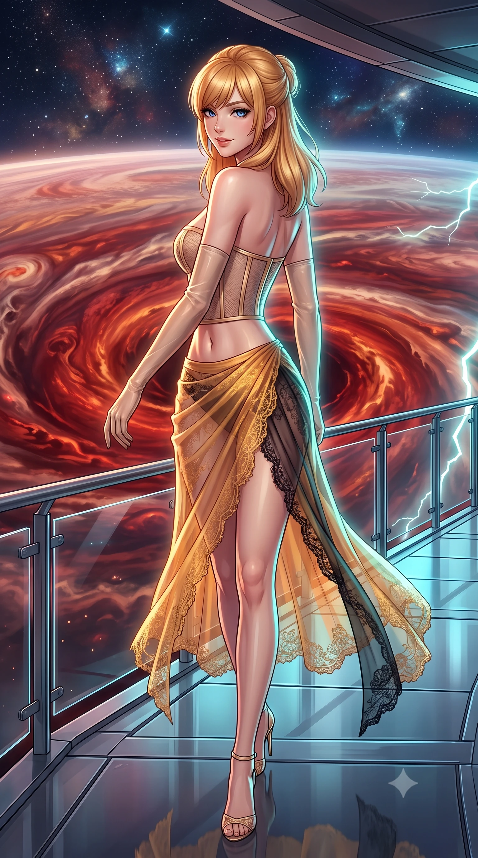 score_9, masterpiece, best quality, ultra-detailed, high-budget anime keyframe, semi-realistic 3D game render, editorial fashion photography, tasteful artistic composition, Caucasian woman. low angle full-body shot from head to toe showing her feet, filling the entire 9:16 vertical frame with her statuesque presence, stretching her vertical silhouette. walking along the terrace with poise, looking back over her bare shoulder with an irresistible smoldering bedroom-gaze while standing poised on the suspended aerostat observation deck hovering above the churning crimson vortex of Jupiter's Red Spot, arching her lower back with commanding presence. The surrounding environment is rendered in vivid detail and crisp panoramic clarity: detailed garment styling, vibrant anime shading, and monumental planetary scale in high resolution. She has an exceptionally tall and slender model-like 8.5-heads proportion, an ultra-slim waist, a flat toned midriff, narrow delicate ribcage, and beautifully sculpted feminine hips creating a graceful, slim hourglass silhouette without any bulky heaviness, with impossibly long slender legs. sharp v-shaped jawline, high-bridge nose, intricate jewel-like sparkling eyes with depth, thick eyelashes, glossy parted lips with a natural peach sheen, bright cheerful beaming smile with an enchanting and coquettish sensual glint, exuding both youthful cute charm and seductive allure, flawlessly proportioned anatomical accuracy, strict slender model proportions, natural body alignment, perfectly sculpted long slender limbs, ultra-slim waistline, clean dynamic posture without body distortion. wearing a provocative translucent mesh corset bodice with boned satin channels paired with a sheer chiffon wrap skirt in solar-flare gold and interstellar onyx, made of delicate semi-sheer French Chantilly lace with intricate eyelash edges, complemented by sheer opera-length evening gloves tracing her slender arms, the second-skin tailored fabric adhering flawlessly to her sculpted flat midriff and slender torso, emphasizing her long leg lines and perfectly proportioned willowy build. illuminated by deck reflection bounce and sharp cyan-white lightning rim lights defining her jawline, narrow waist, and curvy hips. highly saturated vibrant anime colors, detailed shading with soft gradients, rich glossy textures, high-contrast stereoscopic depth, volumetric dynamic lighting, master piece, 9:16 ratio