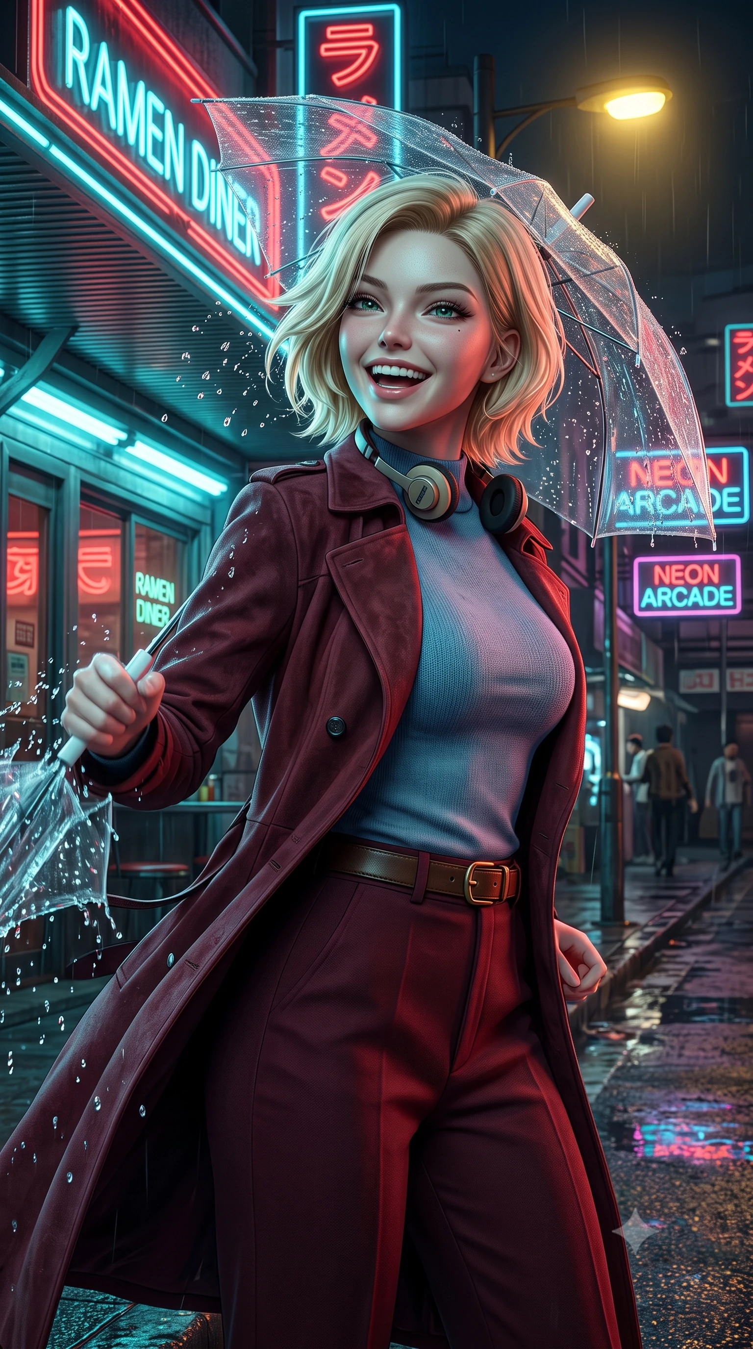 score_9, masterpiece, best quality, ultra-detailed, high-budget anime keyframe, semi-realistic 3D game render, editorial fashion photography, tasteful artistic composition, Caucasian woman. close-up cowboy shot from the waist and thighs up, the character dominates the composition, filling the frame with her large presence. radiating intense magnetic charisma with jewel-like eyes locked onto the viewer, her upper body turning in a dynamic, fluid S-curve while standing under the neon diner awning shaking raindrops from her umbrella with a sweet, radiant laugh. The surrounding environment is rendered in vivid detail and crisp panoramic clarity. authentic 90s film noir chiaroscuro and atmospheric retro Asian city nightlife rendered in precision. She has an exceptionally elegant, slender, and willowy female figure with an ultra-slim waist, a gracefully sculpted slender torso, toned flat midriff, and a refined slim silhouette. sharp v-shaped jawline, high-bridge nose, intricate jewel-like eyes with depth, thick eyelashes, glossy lips with a natural sheen, captivating and magnetic expression, flawlessly proportioned anatomical accuracy, strict slender model proportions, natural body alignment, perfectly sculpted long slender limbs, ultra-slim waistline, clean dynamic posture without body distortion. wearing a stylish retro suede trench coat over a fitted mock-neck knit top and high-waist tailored slacks in rich wine burgundy and faded vintage blue, crafted from ultra-soft brushed fleece and vintage-washed jersey, accessorized with a classic leather belt with brass buckle and retro on-ear foam headphones, the precision-cut daring openings accentuating her delicate midriff, graceful bare collarbones, and ultra-slim feminine waistline. bathed in rich neon red and cyan streetlamp glow bouncing off wet asphalt surfaces. highly saturated vibrant anime colors, detailed shading with soft gradients, rich glossy textures, high-contrast stereoscopic depth, volumetric dynamic lighting, master piece, 9:16 ratio