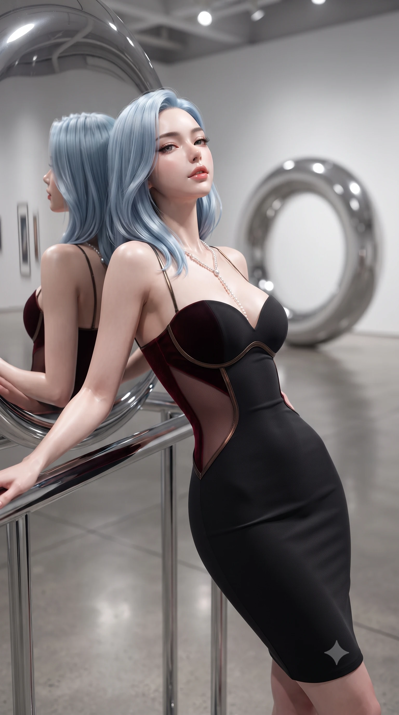 score_9, masterpiece, best quality, ultra-detailed, high-budget anime keyframe, editorial fashion photography, tasteful artistic composition, Korean woman. close-up cowboy shot from the waist and thighs up, the character dominates the composition, filling the frame with her large presence. leaning back against the balustrade with relaxed seductive grace, head tilted back slightly while casting a hypnotic, heavy-lidded gaze while leaning against the mirror-polished chrome torus sculpture while arching her lower back to accentuate her curvy hips, gazing at her reflection. The background shows a soft-focus the colossal mirrored chrome ring sculpture, white gallery walls, and polished concrete floor blurred into liquid mercury, platinum, and charcoal bokeh. She has an exceptionally elegant, slender, and willowy female figure with an ultra-slim waist, flat toned midriff, narrow ribcage, and sculpted feminine hips creating an alluring, slim hourglass silhouette without bulk. sharp v-shaped jawline, high-bridge nose, sparkling eyes with hypnotic seductive depth, thick curled eyelashes, glossy parted lips with a natural dewy peach sheen, alluring bedroom-eyes with an enchanting coquettish smile, exuding magnetic siren charisma and sophisticated glamour, flawlessly proportioned anatomical accuracy, strict slender model proportions, natural body alignment, perfectly sculpted long slender limbs, ultra-slim waistline, clean dynamic posture without body distortion. wearing a deep sweetheart-neckline matte-black bodycon dress with sheer side-torso cutouts accentuating her hourglass curves in deep blood-red velvet and midnight obsidian black with antique bronze trims, made of semi-opaque stretch illusion mesh with soft shadowy contours, accented with a pearl-drop body harness subtly framing her dewy collarbones and spine, the form-contouring silhouette accentuating her sculpted flat midriff, narrow delicate ribcage, and gracefully curvy hips with intoxicating allure. bathed in high-CRI 4000K museum track spotlights focused precisely on the chrome sculpture and model. ultra-reflective glossy finish, specular highlights, rich textural contrasts, high-contrast stereoscopic depth, volumetric dynamic lighting, 2k, ultra detail, master piece, 9:16 ratio