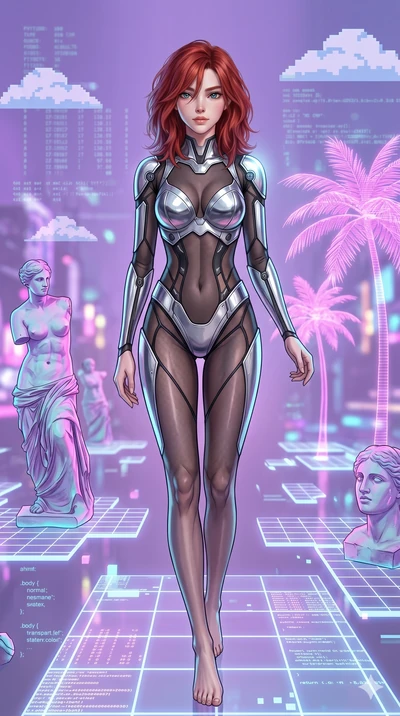 score_9, masterpiece, best quality, ultra-detailed, high-budget anime keyframe, Korean woman. upper body close-up from the thighs up, character filling the screen for maximum presence. drifting through a holographic vaporwave oasis with floating grid