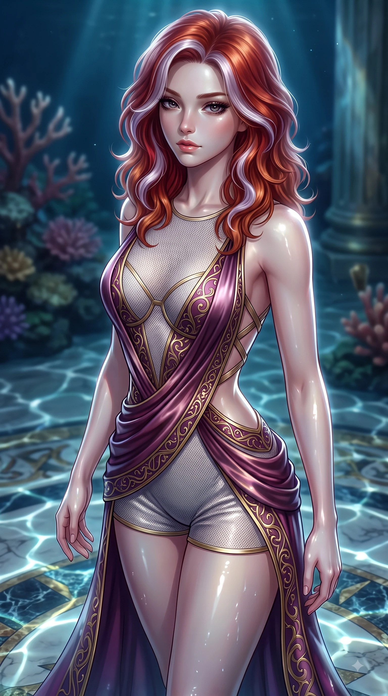 score_9, masterpiece, best quality, ultra-detailed, high-budget anime keyframe, editorial fashion photography, tasteful artistic composition, Caucasian woman. close-up cowboy shot from the waist and thighs up, the character dominates the composition, filling the frame with her large presence, background elements kept in soft focus. Tilting her chin up with composed magnetism as dramatic side lighting traces her sculpted waist and hip contour while gliding over a mosaic marble floor illuminated by shimmering underwater caustic ripples, gentle ocean currents swaying her lightweight attire in fluid underwater motions. She has an exceptionally elegant, slender, and willowy female figure with an ultra-slim waist, a gracefully sculpted slender torso, and a refined silhouette. sharp v-shaped jawline, high-bridge nose, intricate jewel-like eyes with depth, thick eyelashes, glossy lips with a natural sheen, flawlessly proportioned anatomical accuracy, natural body alignment, perfectly sculpted elegant limbs, clean dynamic posture without body distortion. wearing a delicate see-through mesh top with structured cup boning and micro-shorts in plum purple and gold filigree, crafted from lustrous satin jersey with fluid draping, complemented by criss-cross back straps highlighting her bare shoulders, the sleek second-skin texture accentuating her magnetic presence. surrounded by a shimmering ocean aura with bright pearl-white specular rim lights. ultra-reflective glossy finish, specular highlights, metallic sheen, high-contrast stereoscopic depth, volumetric dynamic lighting, 2k, ultra detail, master piece, 9:16 ratio