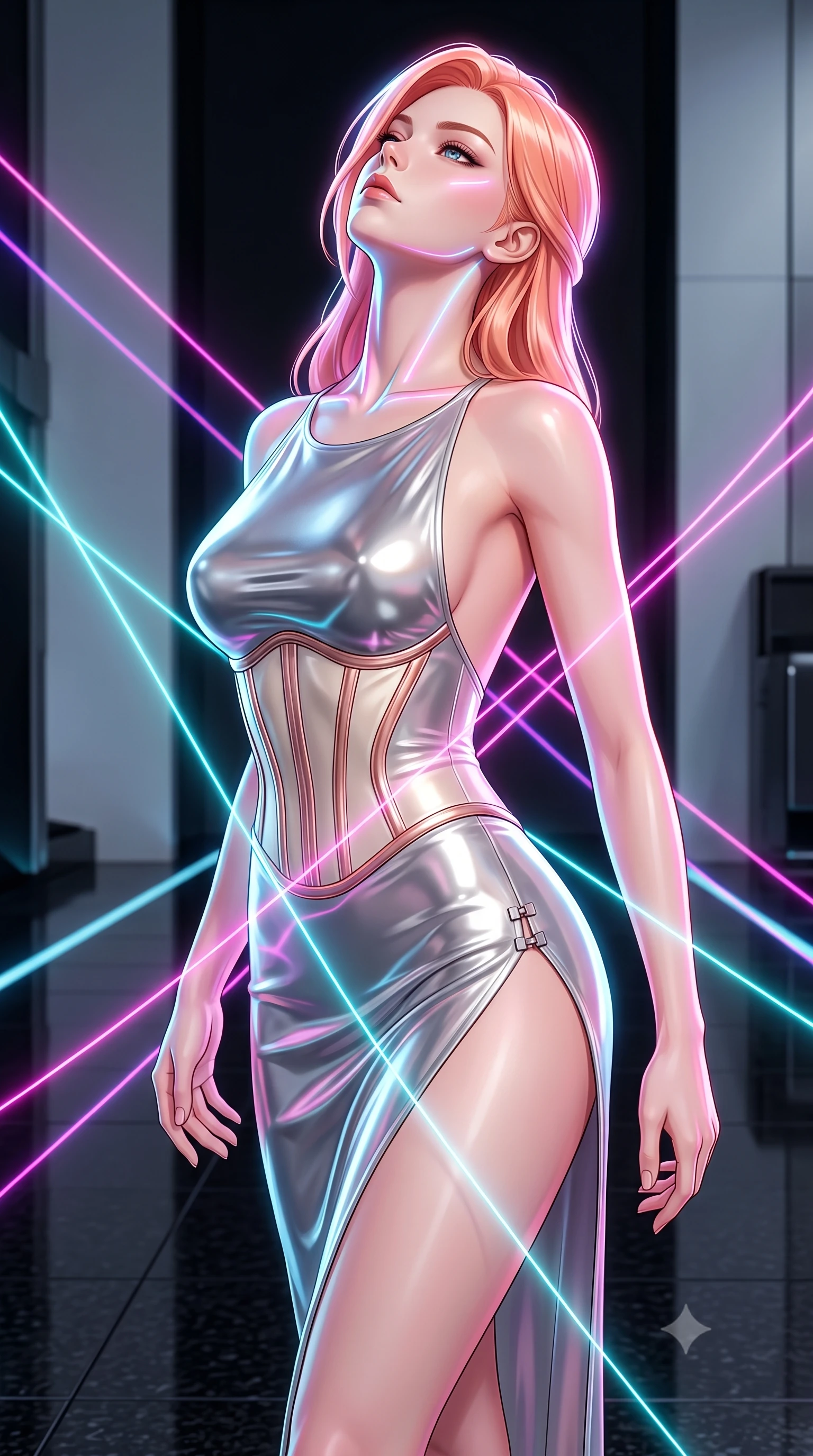 score_9, masterpiece, best quality, ultra-detailed, high-budget anime keyframe, semi-realistic 3D game render, editorial fashion photography, tasteful artistic composition, Japanese woman. close-up cowboy shot from the waist and thighs up, the character dominates the composition, filling the frame with her large presence. tilting her head back with serene regal elegance, her sharp jawline and sculpted collarbones highlighted by glowing neon halo reflections while pivoting dynamically on a reflective black granite floor as criss-crossing neon laser lines trace her statuesque contour. The surrounding environment is rendered in vivid detail and crisp panoramic clarity. high-contrast minimalist chiaroscuro and cutting-edge cybernetic precision rendered with sharpness. She has an exceptionally elegant, slender, and willowy female figure with an ultra-slim waist, a gracefully sculpted slender torso, toned flat midriff, and a refined slim silhouette. sharp v-shaped jawline, high-bridge nose, intricate jewel-like eyes with depth, thick eyelashes, glossy lips with a natural sheen, flawlessly proportioned anatomical accuracy, strict slender model proportions, natural body alignment, perfectly sculpted long slender limbs, ultra-slim waistline, clean dynamic posture without body distortion. wearing a backless molten silver liquid-metal gown with a high-cut side slit and precision-fitted waist boning in sculpted rose gold and luminescent champagne ivory, tailored from semi-translucent cybernetic vinyl with glowing micro-filaments, finished with an ultra-high side slit secured by miniature magnetic clasps, the glove-like aerodynamic second-skin fit tightly clinging to her ultra-slender waist and athletic curves without adding bulk, accentuating her razor-sharp statuesque lines and slim hourglass silhouette. illuminated by crisp directional key light with sharp specular highlights tracing her slender curves. rich saturated anime colors with glowing neon highlights, detailed shading with soft gradients, rich glossy textures, high-contrast stereoscopic depth, volumetric dynamic lighting, master piece, 9:16 ratio