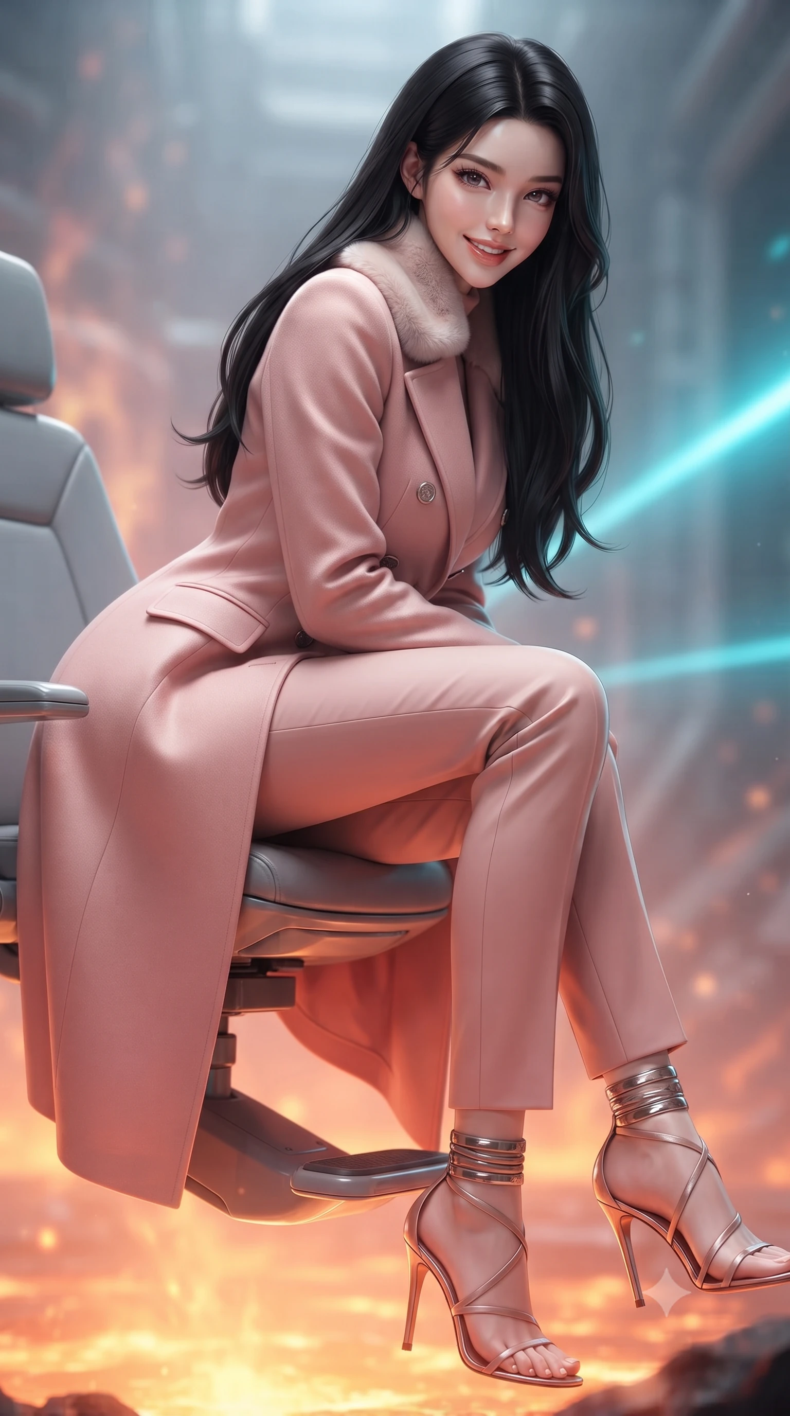 score_9, masterpiece, best quality, ultra-detailed, high-budget anime keyframe, editorial fashion photography, tasteful artistic composition, Korean woman. close-up cowboy shot from the waist and thighs up, the character dominates the composition, filling the frame with her large presence. leaning forward while arching her lower back to accentuate her curvy hips, looking into the camera with an intoxicating smoldering gaze and bedroom-eyes while sitting gracefully on the floating antigravity operator chair with legs crossed, her statuesque 8.5-heads silhouette commanding the geothermal abyss. The background shows a soft-focus plasma heat shimmer softened in geothermal core containment sanctuary shallow focus. She has an exceptionally elegant, slender, and willowy female figure with an ultra-slim waist, flat toned midriff, narrow ribcage, and sculpted feminine hips creating an alluring, slim hourglass silhouette without bulk. sharp v-shaped jawline, high-bridge nose, intricate jewel-like sparkling eyes with depth, thick eyelashes, glossy parted lips with a natural peach sheen, bright cheerful beaming smile with an enchanting and coquettish sensual glint, exuding both youthful cute charm and seductive allure, flawlessly proportioned anatomical accuracy, strict slender model proportions, natural body alignment, perfectly sculpted long slender limbs, ultra-slim waistline, clean dynamic posture without body distortion. wearing a futuristic double-breasted arctic combat officer greatcoat with thermal fur-lined collar and tailored wool trousers in Solaris liquid rose-quartz and alien peach, crafted from bespoke double-faced cashmere with an exceptionally soft tactile finish, complemented by strappy stiletto sandals with metallic ankle wraps accentuating her slender calves, the impeccably tailored cut draping gracefully along her slender figure with aristocratic poise. bathed in the dual illumination of searing 2200K subterranean magma radiance and cold 480nm cyan magnetic containment lasers. ultra-reflective glossy finish, specular highlights, rich textural contrasts, high-contrast stereoscopic depth, volumetric dynamic lighting, 2k, ultra detail, master piece, 9:16 ratio