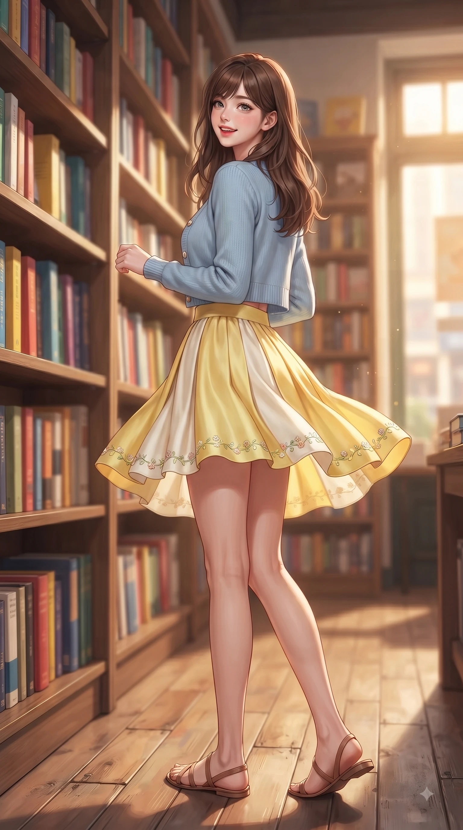 score_9, masterpiece, best quality, ultra-detailed, high-budget anime keyframe, editorial fashion photography, tasteful artistic composition, Korean woman. low angle full-body shot from head to toe showing her feet, filling the entire 9:16 vertical frame with her statuesque presence, stretching her vertical silhouette. performing a cheerful mid-motion turn with flawless poise, her radiant smile capturing fresh girlhood energy while browsing tall wooden bookshelves lined with colorful volumes with a curious, gentle smile. The composition keeps background elements in soft focus with dreamy bokeh. rows of classic hardcover books creating a warm, comforting blurred background depth. She has an absolutely perfect, statuesque 8.5-heads proportion, an exceptionally tall and slender model-like female figure with impossibly long slender legs and an ultra-slim waist. sharp v-shaped jawline, high-bridge nose, intricate jewel-like eyes with depth, thick eyelashes, glossy lips with a natural sheen, flawlessly proportioned anatomical accuracy, natural body alignment, perfectly sculpted elegant limbs, clean dynamic posture without body distortion. wearing a chic cropped pastel cardigan with a high-waisted pleated tennis skirt in bright butter yellow and fresh cream white, crafted from smooth fluid silk satin, complemented by delicate embroidered floral trim along the hem, the breezy lightweight fabric fluttering softly against her delicate frame. bathed in warm golden sunlight streaming through clean glass cafe windows. ultra-reflective glossy finish, specular highlights, metallic sheen, high-contrast stereoscopic depth, volumetric dynamic lighting, 2k, ultra detail, master piece, 9:16 ratio