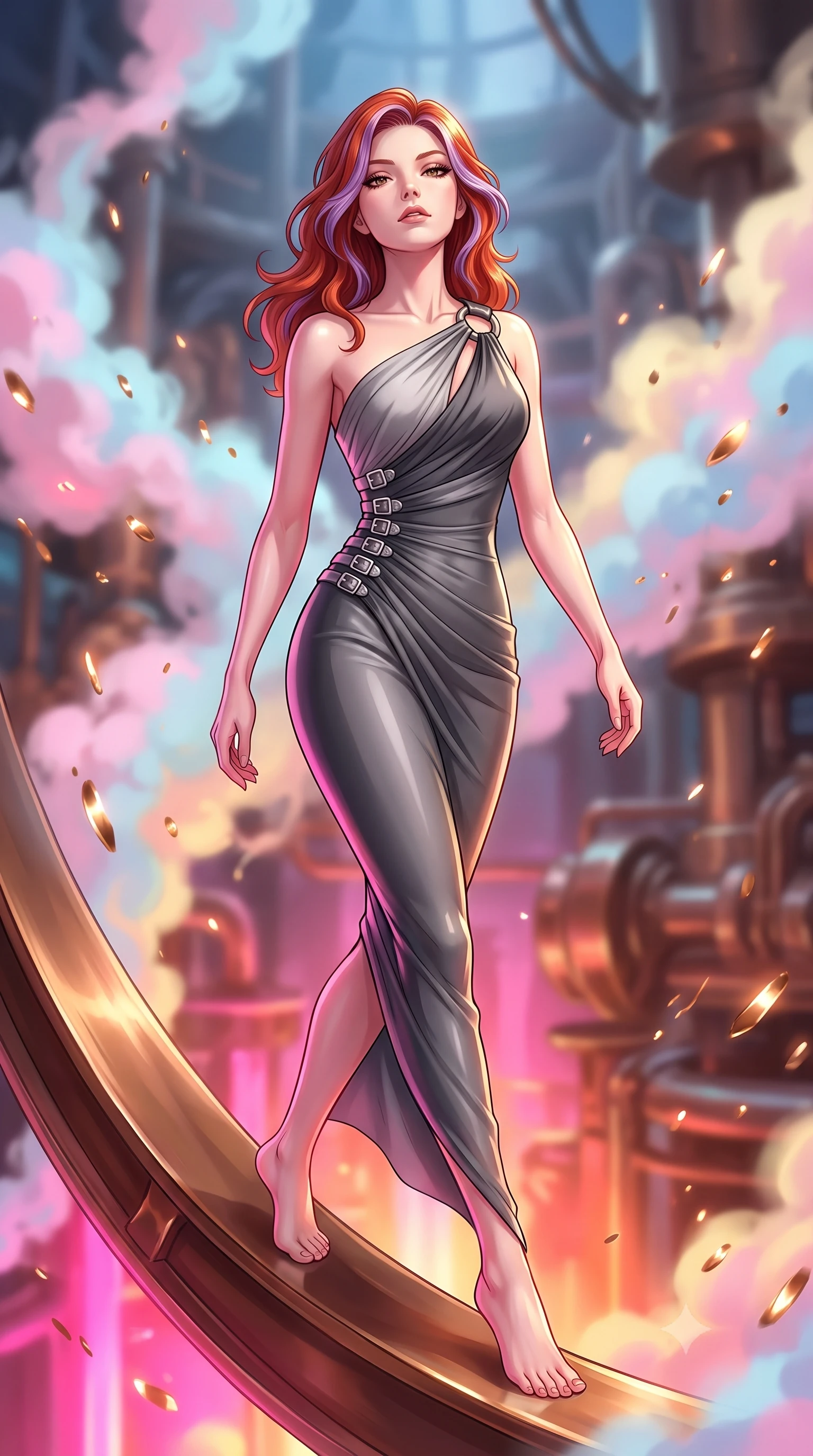score_9, masterpiece, best quality, ultra-detailed, high-budget anime keyframe, editorial fashion photography, tasteful artistic composition, Caucasian woman. close-up cowboy shot from the waist and thighs up, the character dominates the composition, filling the frame with her large presence, background elements kept in soft focus. Tilting her chin up with an air of effortless superiority while balancing dynamically amidst the scene while stepping along a curved bronze beam while pastel steam clouds swirl around her, pastel-colored steam clouds scattering bright metallic highlights. She has an exceptionally elegant, slender, and willowy female figure with an ultra-slim waist, a gracefully sculpted slender torso, and a refined silhouette. sharp v-shaped jawline, high-bridge nose, intricate jewel-like eyes with depth, thick eyelashes, glossy lips with a natural sheen, flawlessly proportioned anatomical accuracy, natural body alignment, perfectly sculpted elegant limbs, clean dynamic posture without body distortion. wearing an asymmetrical Grecian draped chiffon gown with a metallic shoulder ring in charcoal grey and platinum, formed from sleek second-skin neoprene, detailed with polished silver buckles along the waistline, the form-contouring material highlighting her ultra-slim waist and long lines. bathed in hot pink and orange furnace underlighting with sharp bronze speculars. highly saturated vibrant anime colors, detailed shading with soft gradients, rich glossy textures, high-contrast stereoscopic depth, volumetric dynamic lighting, master piece, 9:16 ratio