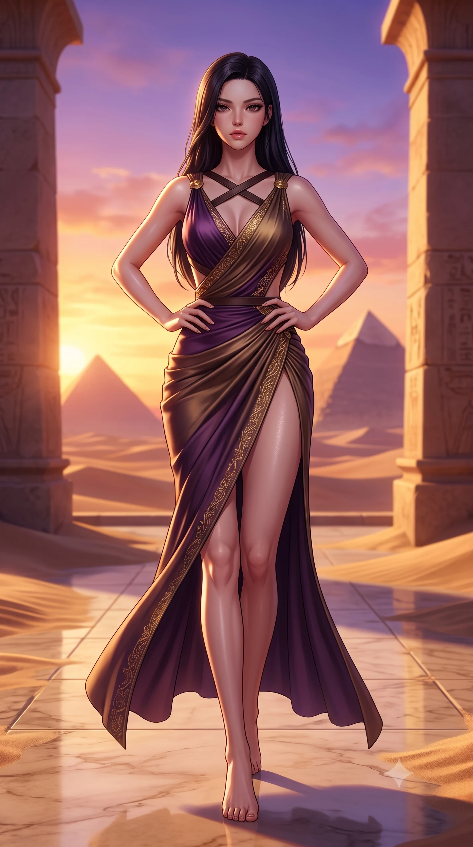 score_9, masterpiece, best quality, ultra-detailed, high-budget anime keyframe, semi-realistic 3D game render, editorial fashion photography, tasteful artistic composition, Korean woman. low angle full-body shot from head to toe showing her feet, filling the entire 9:16 vertical frame with her statuesque presence, stretching her vertical silhouette. striding forward in a proud supermodel runway stride, hips swaying in an alluring kinetic rhythm that accentuates her curvy hourglass silhouette while standing poised on the sand-swept marble terrace with hands on her hips, turning in an alluring contrapposto stance in the warm desert breeze. The surrounding environment is rendered in vivid detail and crisp panoramic clarity. detailed gold thread embroidery on dress, desert sun specular highlights on skin, and Giza plateau clarity in high resolution. She has an exceptionally tall and slender model-like 8.5-heads proportion, an ultra-slim waist, a flat toned midriff, narrow delicate ribcage, and beautifully sculpted feminine hips creating a graceful, slim hourglass silhouette without any bulky heaviness, with impossibly long slender legs. sharp v-shaped jawline, high-bridge nose, intricate jewel-like eyes with depth, thick eyelashes, glossy parted lips with a natural sheen, intensely captivating and seductive bedroom-eyes expression, flawlessly proportioned anatomical accuracy, strict slender model proportions, natural body alignment, perfectly sculpted long slender limbs, ultra-slim waistline, clean dynamic posture without body distortion. wearing a high-slit Grecian goddess draped gown with asymmetrical gold shoulder clasps and hip gathering in deep plum violet and antique bronze, tailored from liquid silk jersey adhering flawlessly to her slender build, featuring an open-back criss-cross harness strap in dark leather, the liquid-tight tailored fabric clinging flawlessly to her narrow waist and rounded feminine hips, emphasizing every millimeter of her sculpted slim hourglass curves without any bulky heaviness. bathed in breathtaking desert sunset backlighting in molten gold and deep violet tones. highly saturated vibrant anime colors, detailed shading with soft gradients, rich glossy textures, high-contrast stereoscopic depth, volumetric dynamic lighting, master piece, 9:16 ratio