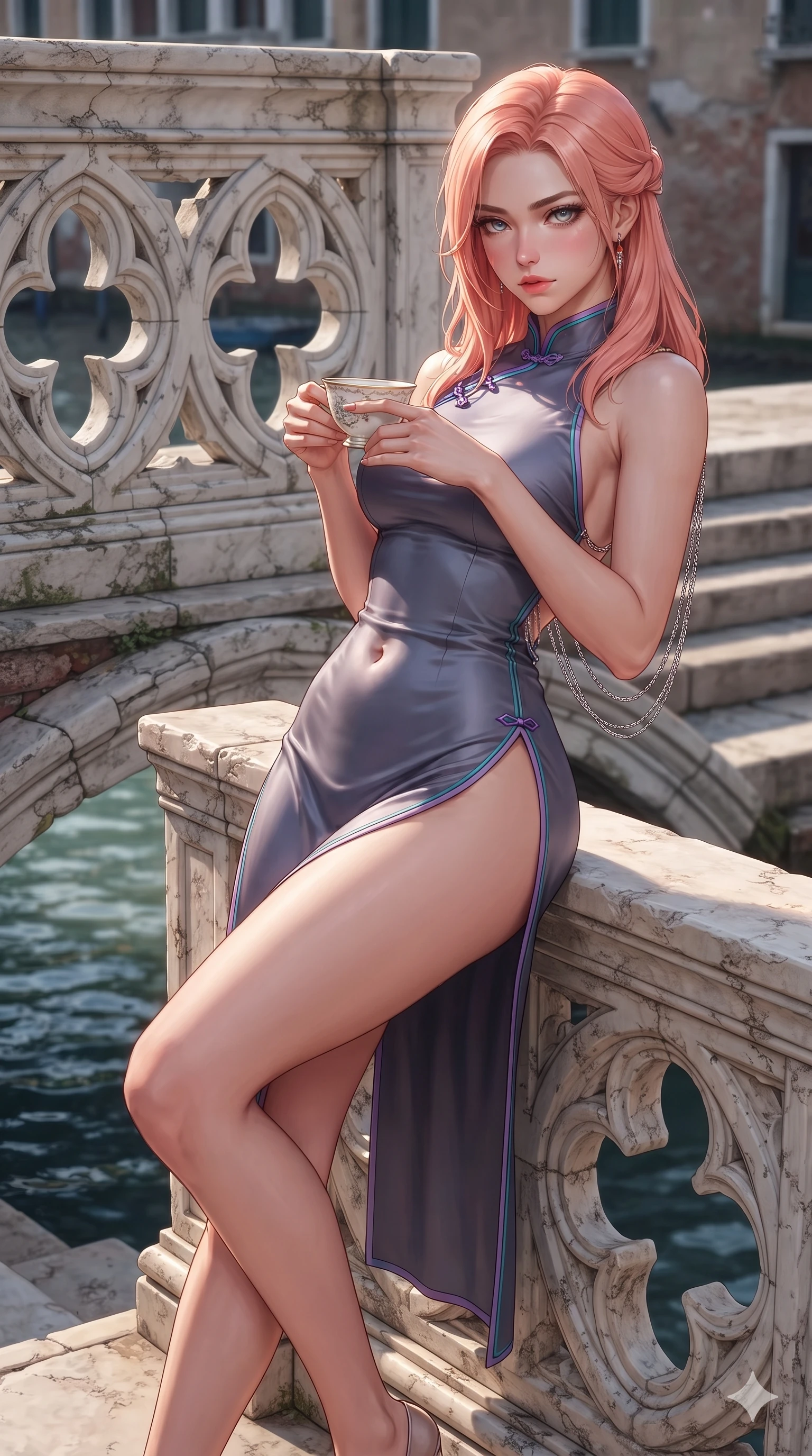 score_9, masterpiece, best quality, ultra-detailed, high-budget anime keyframe, semi-realistic 3D game render, editorial fashion photography, tasteful artistic composition, Japanese woman. close-up cowboy shot from the waist and thighs up, the character dominates the composition, filling the frame with her large presence. leaning back with relaxed seductive grace, her sculpted collarbones and narrow waist highlighted as she casts smoldering bedroom-eyes directly into the camera while perching on the marble terrace parapet with legs crossed, arching her lower back while holding a delicate porcelain tea cup with sovereign anime grace. The surrounding environment is rendered in vivid detail and crisp panoramic clarity: sharp carved quatrefoil gothic tracery, weathered Istrian stone texture, and water lap ripples against marble steps in deep focus. She has an exceptionally elegant, slender, and willowy female figure with an ultra-slim waist, flat toned midriff, narrow ribcage, and sculpted feminine hips creating an alluring, slim hourglass silhouette without bulk. sharp v-shaped jawline, high-bridge nose, intricate jewel-like eyes with depth, thick eyelashes, glossy parted lips with a natural sheen, intensely captivating and seductive bedroom-eyes expression, flawlessly proportioned anatomical accuracy, strict slender model proportions, natural body alignment, perfectly sculpted long slender limbs, ultra-slim waistline, clean dynamic posture without body distortion. wearing a modernized cyber-qipao mini dress with an ultra-high side slit ascending to the hip and glowing piping in Highland heather violet and slate granite, crafted from fluid liquid silk satin that clings smoothly to her narrow waist and rounded hips with a dewy sheen, accented with an open-back drape framed by falling strands of delicate chrome chains, the glove-like clinging cut tightly following the natural contour of her hips and long slender legs with youthful 8.5-heads elegance. highly saturated vibrant anime colors, detailed shading with soft gradients, crisp rim lighting defining her jawline, narrow waist, and curvy hips. highly saturated vibrant anime colors, detailed shading with soft gradients, rich glossy textures, high-contrast stereoscopic depth, volumetric dynamic lighting, master piece, 9:16 ratio