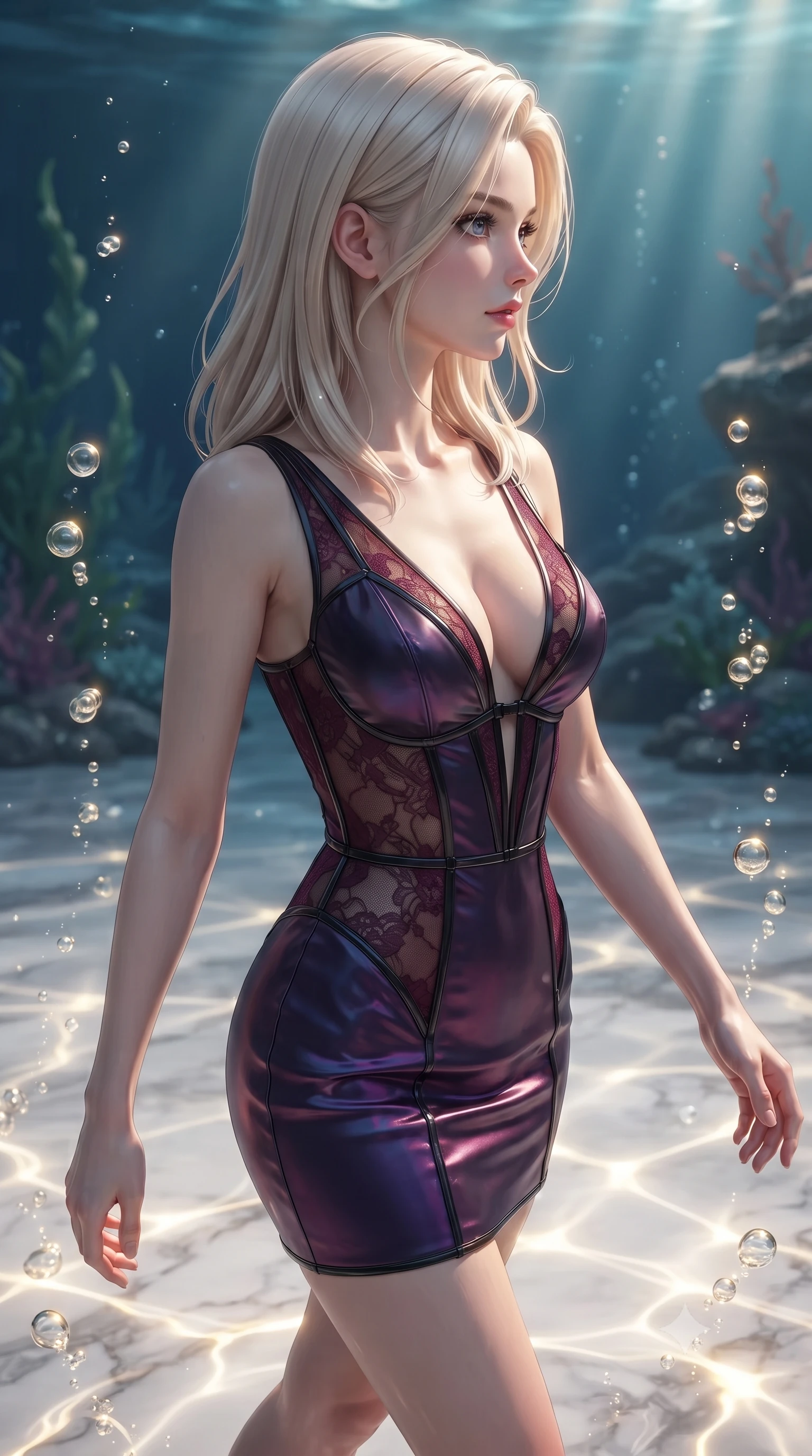 score_9, masterpiece, best quality, ultra-detailed, high-budget anime keyframe, editorial fashion photography, tasteful artistic composition, Caucasian woman. close-up cowboy shot from the waist and thighs up, the character dominates the composition, filling the frame with her large presence, background elements kept in soft focus. Turning her face in sharp dramatic profile against the key light, walking across a pearl-white marble floor illuminated by caustic water ripples, rising air bubbles catching bright golden rim highlights. She has an exceptionally elegant, slender, and willowy female figure with an ultra-slim waist, a gracefully sculpted slender torso, and a refined silhouette. sharp v-shaped jawline, high-bridge nose, intricate jewel-like eyes with depth, thick eyelashes, glossy lips with a natural sheen. wearing deep V-neck corset bodice mini dress with sheer dark lace panels in deep crimson burgundy, made of iridescent dark violet taffeta, adorned with minimalist black onyx hardware framing the silhouette, the fitted fabric emphasizing her ultra-slim waist. lit by clear sunbeams penetrating ocean depths with soft shadows. ultra-reflective glossy finish, specular highlights, metallic sheen, high-contrast stereoscopic depth, volumetric dynamic lighting, 2k, ultra detail, master piece, 9:16 ratio