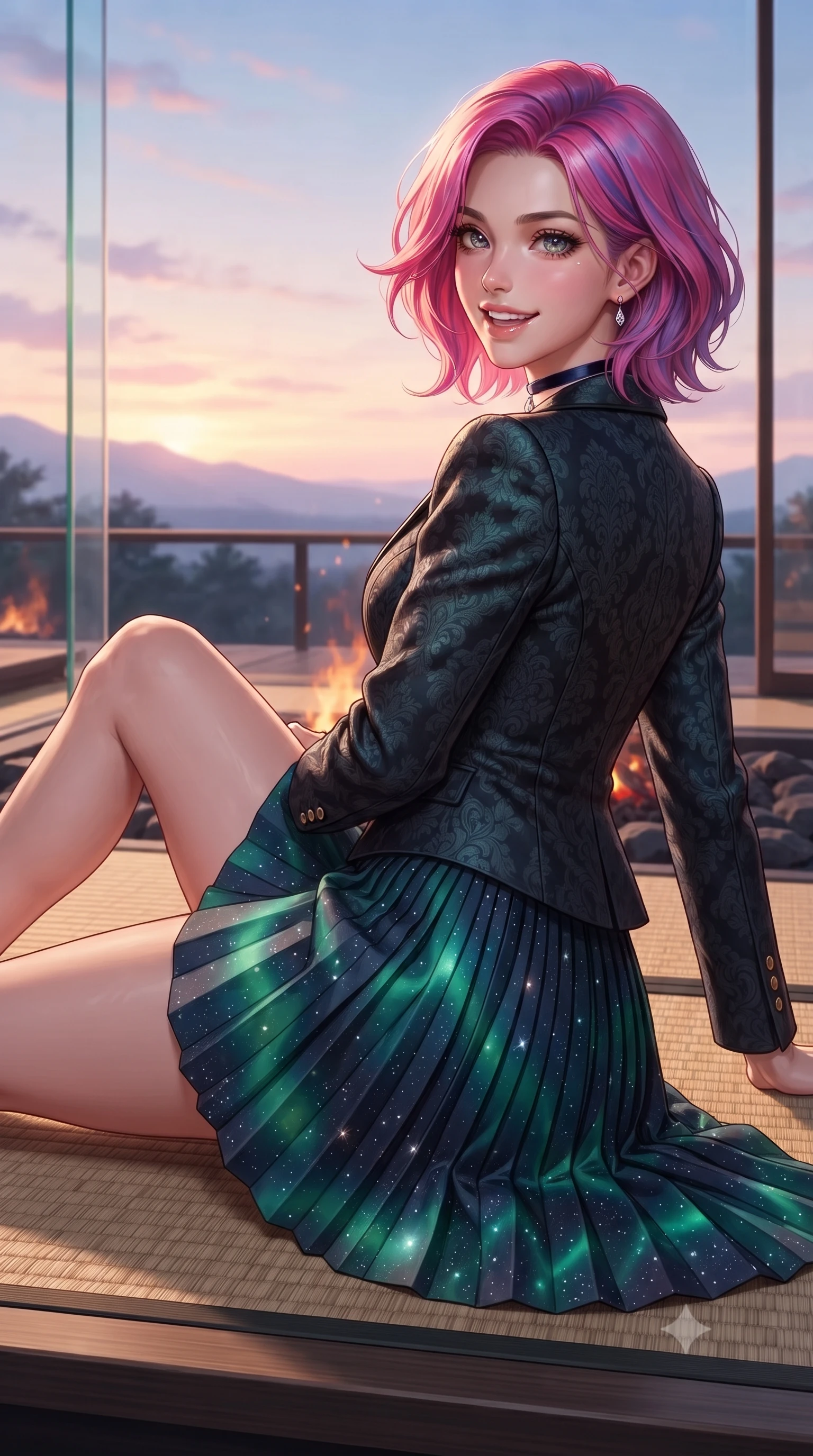 score_9, masterpiece, best quality, ultra-detailed, high-budget anime keyframe, editorial fashion photography, tasteful artistic composition, Caucasian woman. close-up cowboy shot from the waist and thighs up, the character dominates the composition, filling the frame with her large presence. posing in an alluring rear three-quarter angle, looking over a bare shoulder with parted glossy lips, her hips cocked back to highlight her slim hourglass curve while reclining gracefully across the woven rush tatami platform propped on one elbow with legs extended, displaying her long slender limbs and statuesque hourglass silhouette. The surrounding environment is rendered in vivid detail and crisp panoramic clarity: sharp structural glass corner bevels, natural igusa rush tatami weave texture, and volcanic basalt hearth stones in deep focus. She has an exceptionally elegant, slender, and willowy female figure with an ultra-slim waist, flat toned midriff, narrow ribcage, and sculpted feminine hips creating an alluring, slim hourglass silhouette without bulk. sharp v-shaped jawline, high-bridge nose, intricate jewel-like sparkling eyes with depth, thick eyelashes, glossy parted lips with a natural peach sheen, bright cheerful beaming smile with an enchanting and coquettish sensual glint, exuding both youthful cute charm and seductive allure, flawlessly proportioned anatomical accuracy, strict slender model proportions, natural body alignment, perfectly sculpted long slender limbs, ultra-slim waistline, clean dynamic posture without body distortion. wearing a structured Seville damask brocade riding jacket paired with an A-line accordion pleated midi skirt in Arctic aurora borealis emerald and starlight diamond, crafted from bespoke double-faced cashmere with an exceptionally soft tactile finish, finished with a thin velvet ribbon choker and a single teardrop diamond pendant, the bespoke structured tailoring following the natural line of her 8.5-heads silhouette with refined elegance. bathed in the contrast of warm 2200K charcoal hearth embers and pastel alpenglow twilight washing across the sky. ultra-reflective glossy finish, specular highlights, rich textural contrasts, high-contrast stereoscopic depth, volumetric dynamic lighting, 2k, ultra detail, master piece, 9:16 ratio