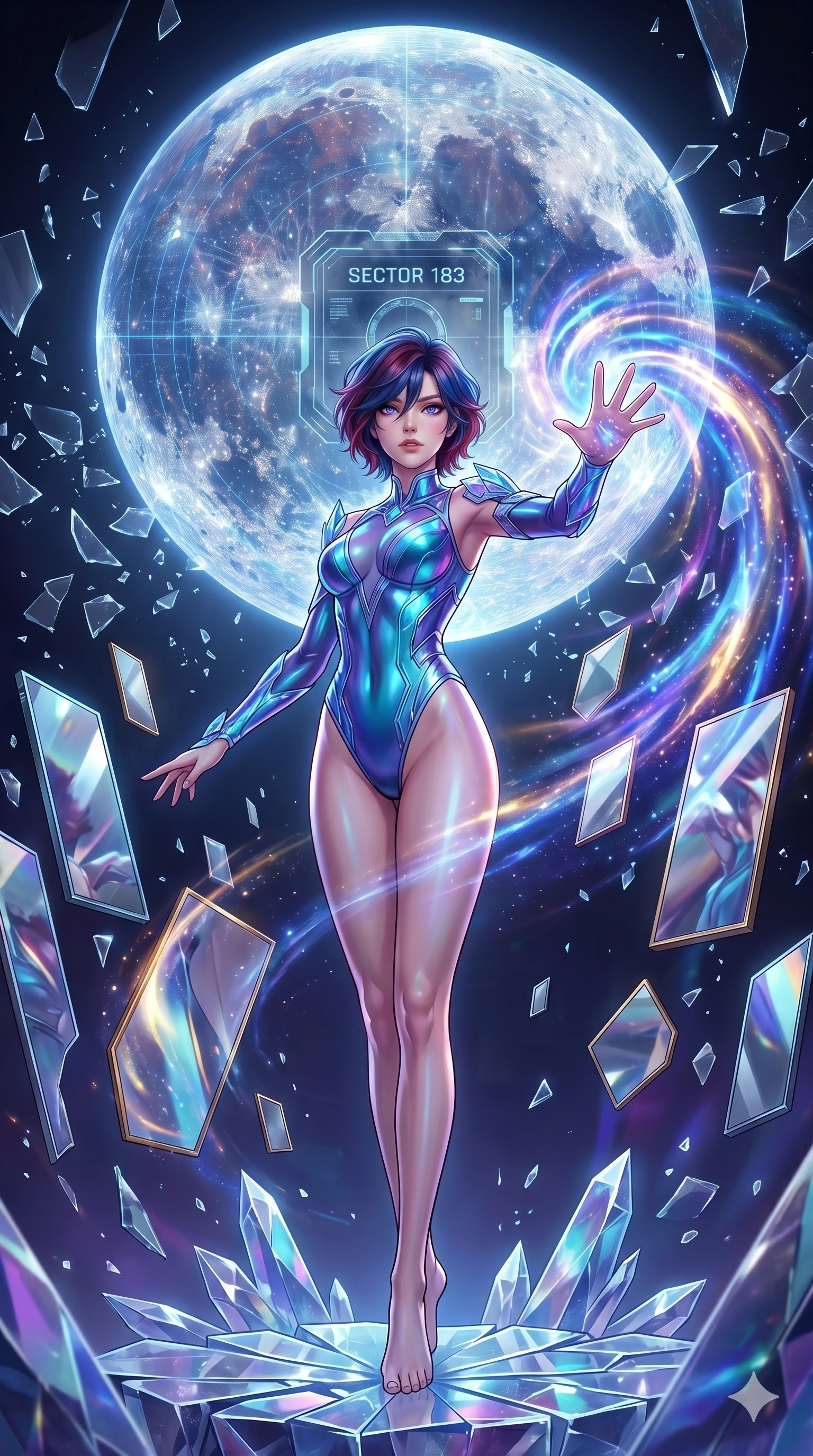 score_9, masterpiece, best quality, ultra-detailed, Set A: High-budget Anime Keyframe, Caucasian (strictly human ears) woman. Low angle cowboy shot filling the entire 9:16 frame with her statuesque presence. Casting a spell through a dimension of floating mirrors, with a massive holographic moon rising behind her marked as sector 183 and surrounded by shattered glass fragments. She has an absolutely perfect 8-heads proportion, an exceptionally tall and slender female figure with impossibly long slender legs and an ultra-slim waist. Sharp v-shaped jawline, high-bridge nose, intricate jewel-like eyes with depth, thick eyelashes, glossy lips with a natural sheen. Wearing High-cut bodysuit made of liquid-crystal fabric that changes color with movement. Cinematic lighting, vibrant colors, dramatic shadows, 2k, ultra detail, master piece, 9:16 ratio