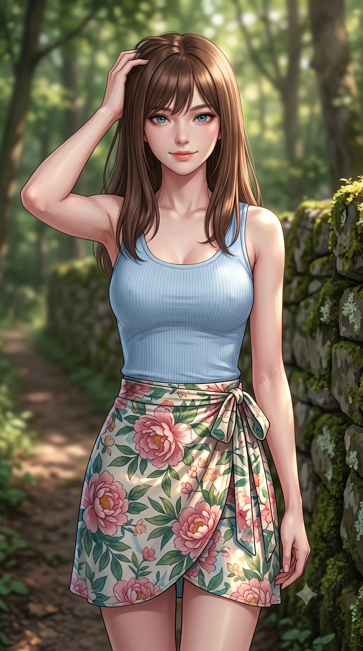 score_9, masterpiece, best quality, ultra-detailed, high-budget anime keyframe, editorial fashion photography, tasteful artistic composition, Korean woman woman. close-up cowboy shot from the waist and thighs up, the character dominates the composition, filling the frame with her large presence, background elements kept in soft focus. smiling with quiet, magnetic self-assurance directly into the camera, running a hand through her hair the background shows a soft-focus a narrow dirt path beside an old mossy stone wall in a quiet oak forest. She has an exceptionally elegant, slender, and willowy female figure with an ultra-slim waist, a gracefully sculpted slender torso, and a refined silhouette. sharp v-shaped jawline, high-bridge nose, intricate jewel-like eyes with depth, thick eyelashes, glossy lips with a natural sheen. wearing a body-hugging simple ribbed cotton tank top in baby blue paired with a floral print wrap skirt. dappled sunlight filtering through the forest canopy, creating soft highlights. 2k, ultra detail, master piece, 9:16 ratio