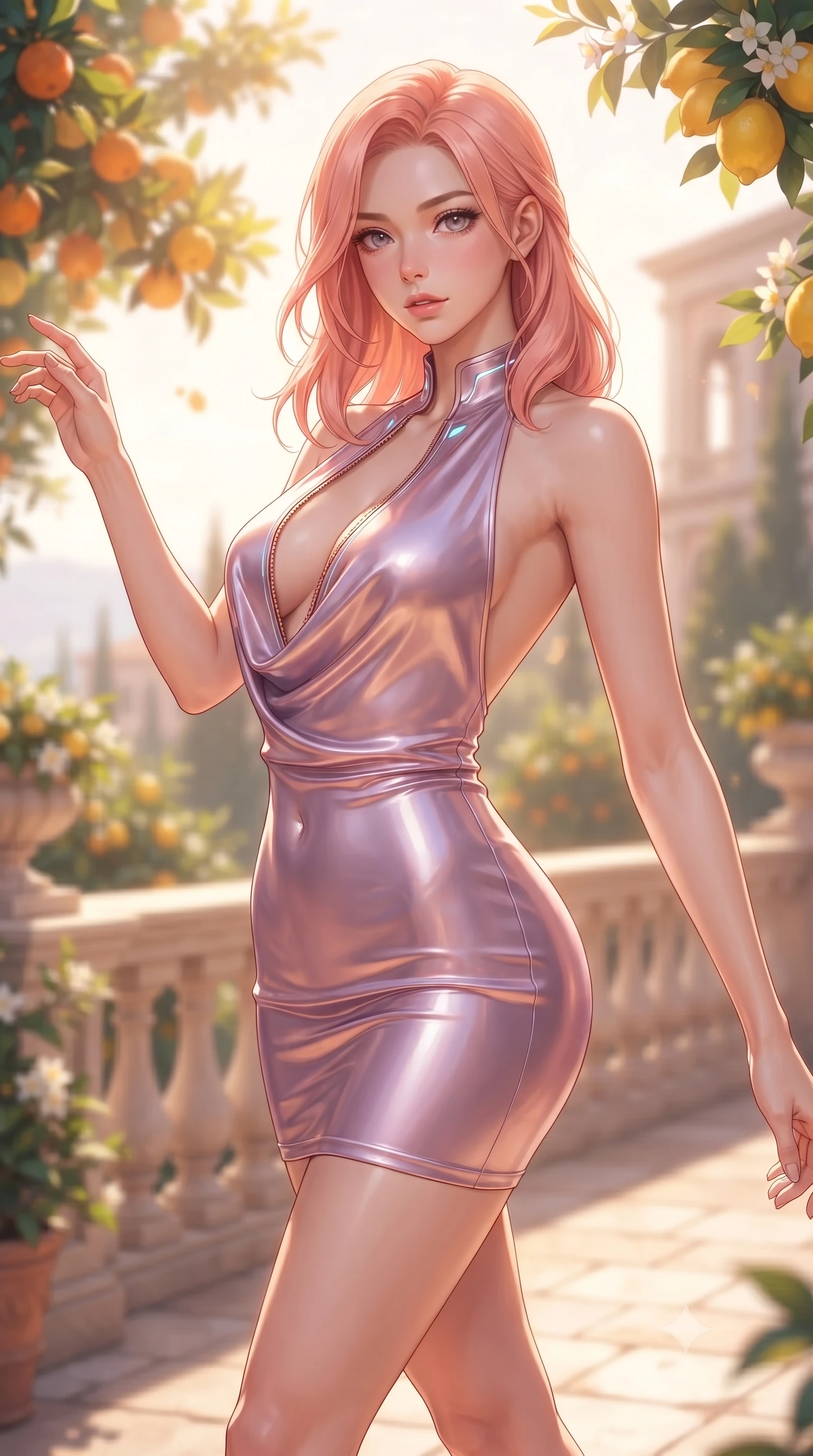 score_9, masterpiece, best quality, ultra-detailed, high-budget anime keyframe, editorial fashion photography, tasteful artistic composition, Japanese woman. close-up cowboy shot from the waist and thighs up, the character dominates the composition, filling the frame with her large presence. extending one arm gracefully toward the light while her torso arches in a sleek, alluring curve with magnetic intensity while walking gracefully along a sunlit stone terrace flanked by blooming orange trees and ripe golden lemons. The composition keeps background elements in soft focus with creamy bokeh. golden citrus fruits and blooming jasmine vines blurred into warm, sun-drenched yellow and green bokeh. She has an exceptionally elegant, slender, and willowy female figure with an ultra-slim waist, a gracefully sculpted slender torso, toned flat midriff, and a refined slim silhouette. sharp v-shaped jawline, high-bridge nose, intricate jewel-like eyes with depth, thick eyelashes, glossy lips with a natural sheen, flawlessly proportioned anatomical accuracy, strict slender model proportions, natural body alignment, perfectly sculpted long slender limbs, ultra-slim waistline, clean dynamic posture without body distortion. wearing a form-contouring liquid satin halter-neck mini dress with a deep crossover cowl front, open back, and ultra-slender waist drape in luminous lavender violet and rose gold, crafted from ultra-reflective second-skin latex with a high-gloss glass-like polish, featuring a dangerously unzipped neckline framed by glowing cybernetic accents, the form-contouring material adhering flawlessly to her sculpted flat midriff and slender torso, emphasizing her long leg lines and perfectly proportioned willowy build. surrounded by a romantic, fresh, and captivatingly luxurious Mediterranean palace aura. ultra-reflective glossy finish, specular highlights, metallic sheen, high-contrast stereoscopic depth, volumetric dynamic lighting, 2k, ultra detail, master piece, 9:16 ratio