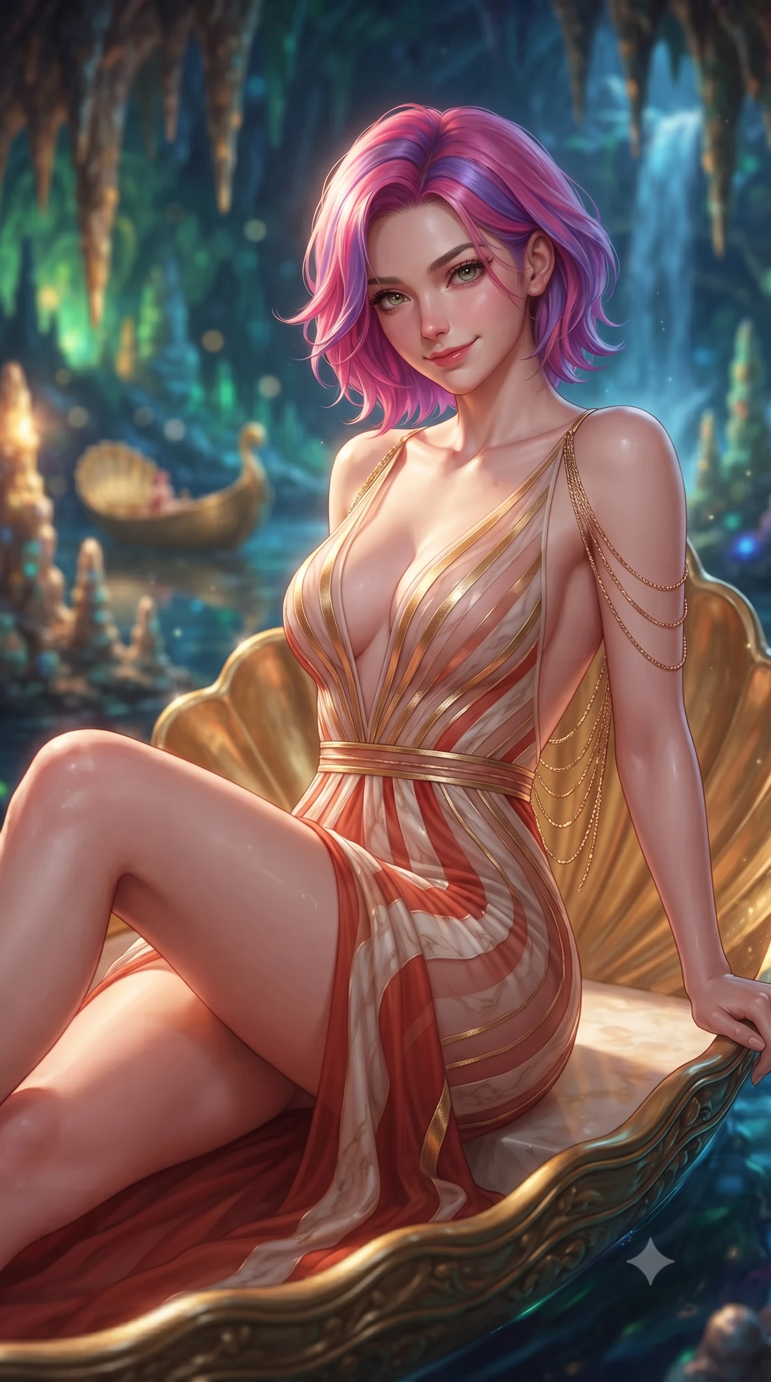 score_9, masterpiece, best quality, ultra-detailed, high-budget anime keyframe, editorial fashion photography, tasteful artistic composition, Caucasian woman. close-up cowboy shot from the waist and thighs up, the character dominates the composition, filling the frame with her large presence. tilting her head with a teasing half-smile, running one hand slowly down the side of her hip in a flirtatious S-curve as ambient light caresses her silhouette while lounging gracefully in the gilded shell barque propped on one elbow with legs extended, her statuesque 8.5-heads silhouette commanding the subterranean fantasy. The background shows a soft-focus illuminated artificial stalactites and stalagmites glowing with dynamic colored lighting, gilded golden shell boat, and subterranean waterfall blurred into sapphire, emerald, and gold bokeh. She has an exceptionally elegant, slender, and willowy female figure with an ultra-slim waist, flat toned midriff, narrow ribcage, and sculpted feminine hips creating an alluring, slim hourglass silhouette without bulk. sharp v-shaped jawline, high-bridge nose, intricate jewel-like sparkling eyes with depth, thick eyelashes, glossy parted lips with a natural peach sheen, bright cheerful beaming smile with an enchanting and coquettish sensual glint, exuding both youthful cute charm and seductive allure, flawlessly proportioned anatomical accuracy, strict slender model proportions, natural body alignment, perfectly sculpted long slender limbs, ultra-slim waistline, clean dynamic posture without body distortion. wearing a plunge-front sheer illusion tulle slip dress with liquid gold ribbon stripes hugging her curves in Cordoba vermilion red and ivory alabaster marble, crafted from bespoke double-faced cashmere with an exceptionally soft tactile finish, accented with an open-back drape framed by falling strands of delicate gold chains, the bespoke structured tailoring following the natural line of her 8.5-heads silhouette with refined elegance. bathed in the magical theatrical 3500K sapphire-and-emerald electric arc illumination designed for King Ludwig II's private opera performances. ultra-reflective glossy finish, specular highlights, rich textural contrasts, high-contrast stereoscopic depth, volumetric dynamic lighting, 2k, ultra detail, master piece, 9:16 ratio