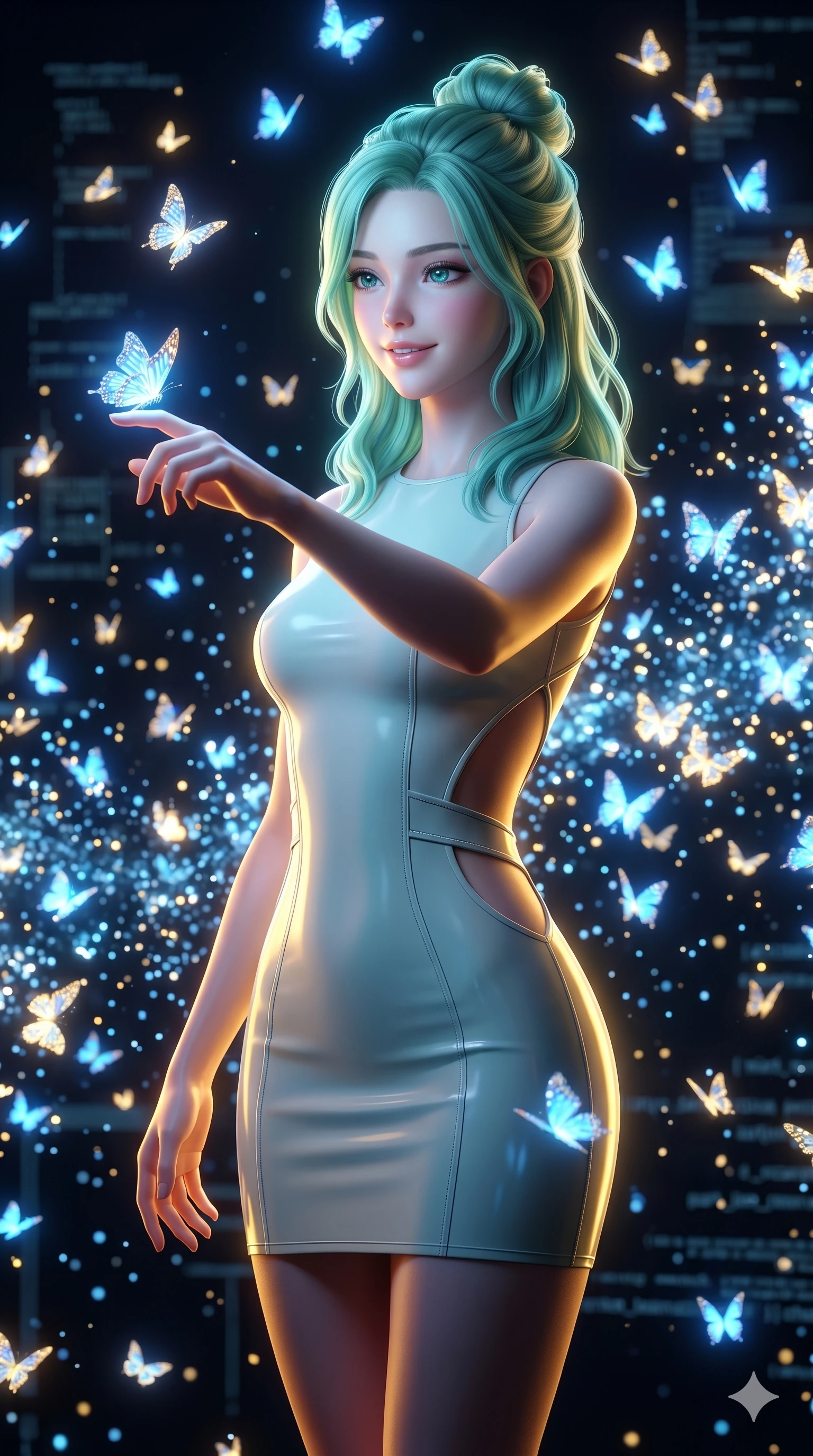 score_9, masterpiece, best quality, ultra-detailed, high-budget anime keyframe, semi-realistic 3D game render, Japanese woman. Upper body close-up from the thighs up, character filling the screen for maximum presence. She is surrounded by thousands of glowing digital butterflies that orbit her body. She reaches out to let one land on her finger, looking at it with a soft, captivating smile. She has an absolutely perfect 8-heads proportion, an exceptionally tall and slender female figure with impossibly long slender legs and an ultra-slim waist. V-shaped jawline, high-bridge nose, intricate jewel-like eyes with depth, thick eyelashes, glossy lips with a natural sheen. She is wearing a second-skin fashion-latex mini dress with a clean architectural front, featuring an open-back design that wraps around the sides of her waist, showcasing her slender silhouette. The scene is lit by brilliant blue and gold light from the butterflies and a sharp side key light. 2k, ultra detail, master piece, 9:16 ratio