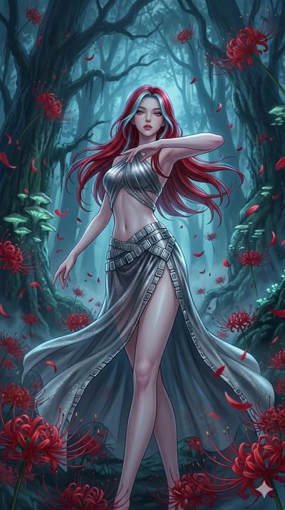 score_9, masterpiece, best quality, ultra-detailed, High-budget Anime Keyframe, East Asian woman. Low angle cowboy shot filling the entire 9:16 frame with her statuesque presence. Scenario 15: Dancing amidst falling red spider lilies in a misty dark 