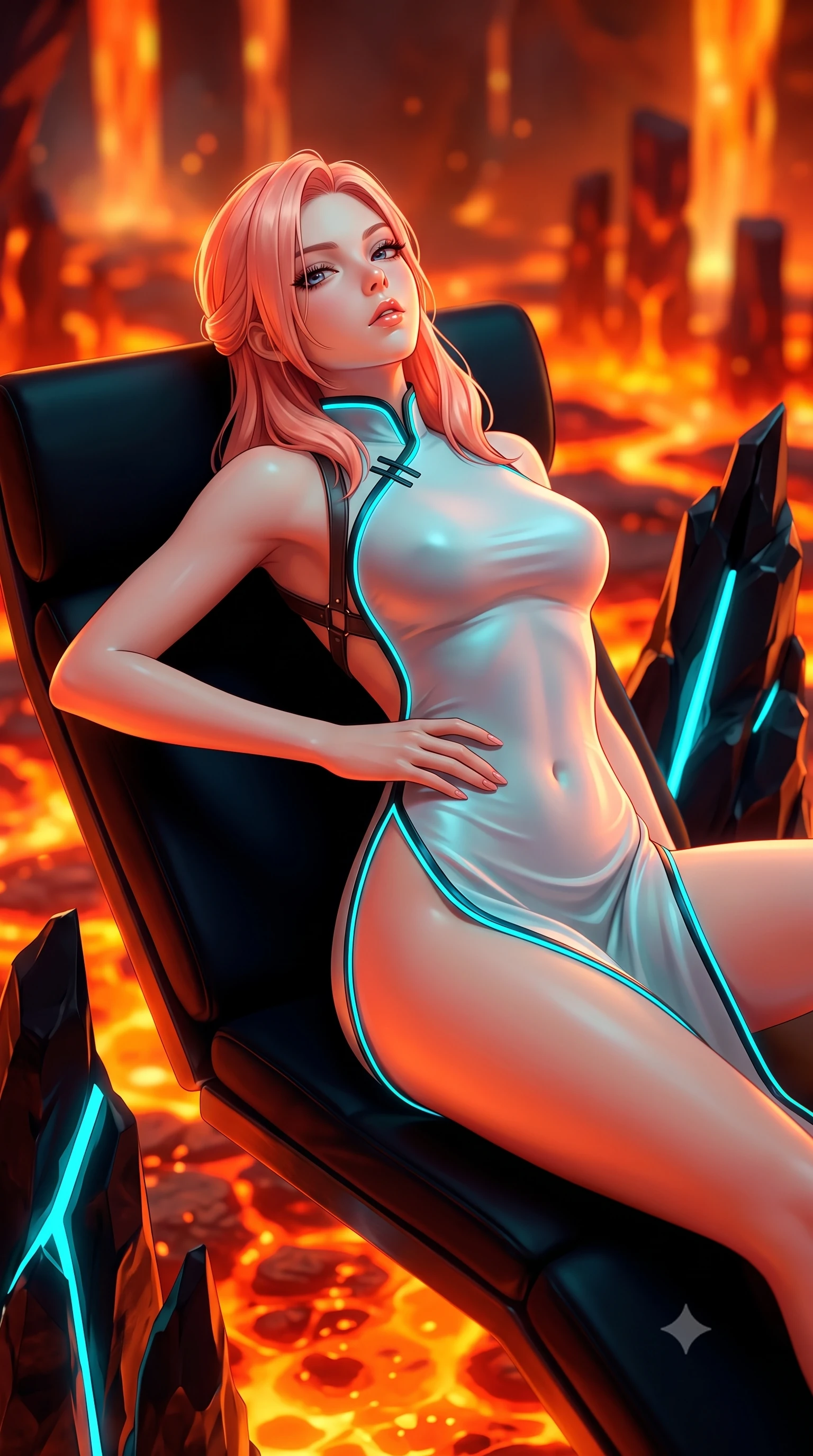 score_9, masterpiece, best quality, ultra-detailed, high-budget anime keyframe, semi-realistic 3D game render, editorial fashion photography, tasteful artistic composition, Japanese woman. close-up cowboy shot from the waist and thighs up, the character dominates the composition, filling the frame with her large presence. tilting her chin up with proud, sovereign allure while gazing through thick eyelashes, one hand resting on her waist in pure supermodel charisma while reclining across a cantilevered black obsidian daybed propped on one elbow, her slender waist and feminine hips illuminated by orange geothermal light. The composition keeps background elements in soft focus with creamy bokeh. bubbling molten lava channels and glowing basalt pillar formations blurred into fiery tangerine, ruby, and amber bokeh. She has an exceptionally elegant, slender, and willowy female figure with an ultra-slim waist, flat toned midriff, narrow ribcage, and sculpted feminine hips creating an alluring, slim hourglass silhouette without bulk. sharp v-shaped jawline, high-bridge nose, intricate jewel-like eyes with depth, thick eyelashes, glossy parted lips with a natural sheen, intensely captivating and seductive bedroom-eyes expression, flawlessly proportioned anatomical accuracy, strict slender model proportions, natural body alignment, perfectly sculpted long slender limbs, ultra-slim waistline, clean dynamic posture without body distortion. wearing a modernized cyber-qipao mini dress with an ultra-high side slit ascending to the hip and glowing piping in neon electric cyan and lacquer black, tailored from liquid silk jersey adhering flawlessly to her slender build, featuring an open-back criss-cross harness strap in dark leather, the form-contouring material adhering flawlessly to her sculpted flat midriff and slender torso, emphasizing her long leg lines and perfectly proportioned willowy build. bathed in intense, warm fiery amber and crimson uplight from the lava pool contrasting with cool cyan interior spot fills. highly saturated vibrant anime colors, detailed shading with soft gradients, rich glossy textures, high-contrast stereoscopic depth, volumetric dynamic lighting, master piece, 9:16 ratio