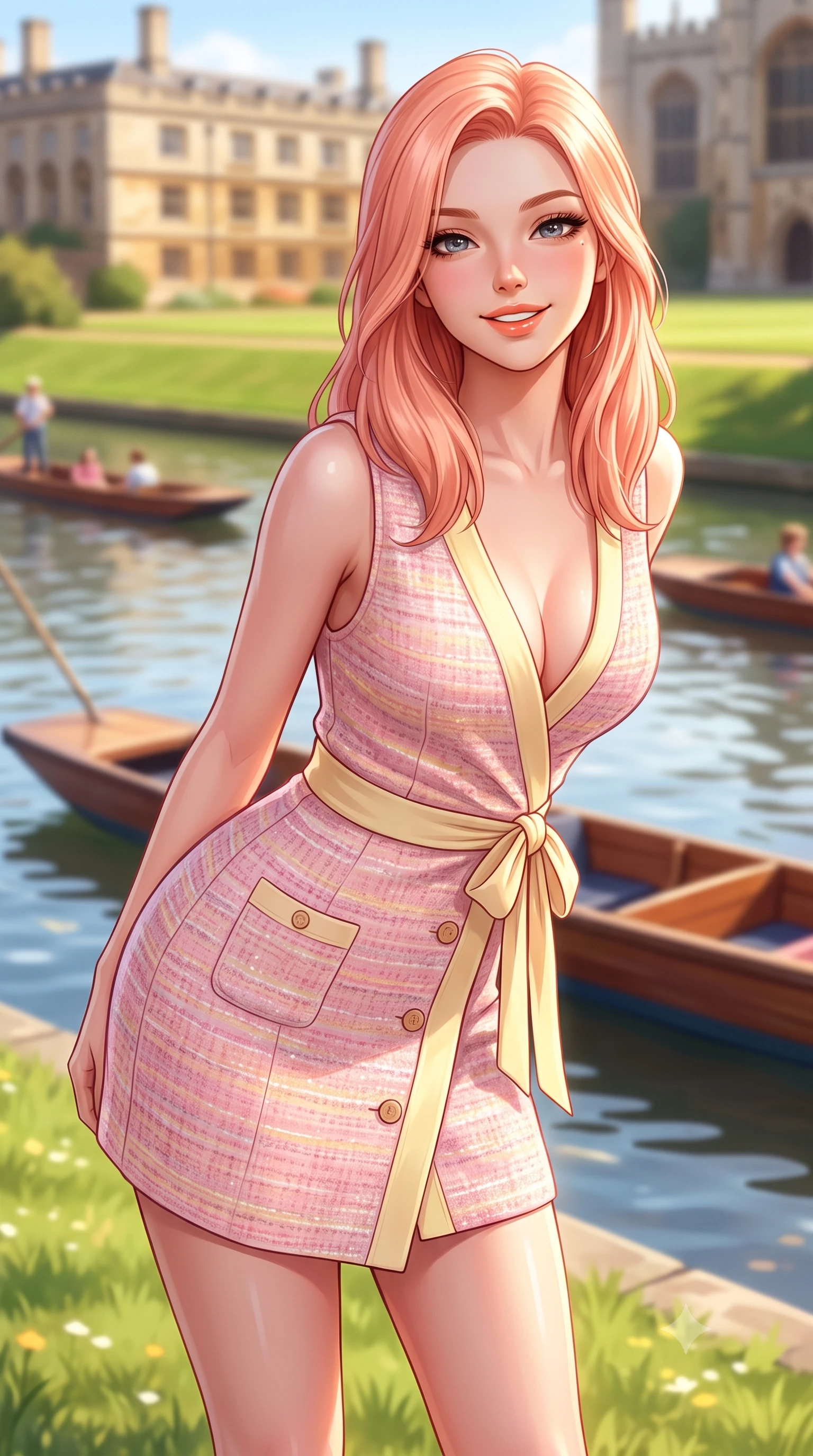 score_9, masterpiece, best quality, ultra-detailed, high-budget anime keyframe, semi-realistic 3D game render, editorial fashion photography, tasteful artistic composition, Japanese woman. close-up cowboy shot from the waist and thighs up, the character dominates the composition, filling the frame with her large presence. leaning forward with playful cute grace while arching her lower back to accentuate her curvy hips, looking into the camera with a bright cheerful smile and alluring coquettish bedroom-eyes while standing poised on the sunlit riverbank lawn, twisting her slender torso in an alluring contrapposto stance as wooden punts glide past. The composition keeps background elements in soft focus with dreamy creamy bokeh. wooden punting boats and historic stone quads softened in nostalgic collegiate shallow focus. She has an exceptionally elegant, slender, and willowy female figure with an ultra-slim waist, flat toned midriff, narrow ribcage, and sculpted feminine hips creating an alluring, slim hourglass silhouette without bulk. sharp v-shaped jawline, high-bridge nose, intricate jewel-like sparkling eyes with depth, thick eyelashes, glossy parted lips with a natural peach sheen, bright cheerful beaming smile with an enchanting and coquettish sensual glint, exuding both youthful cute charm and seductive allure, flawlessly proportioned anatomical accuracy, strict slender model proportions, natural body alignment, perfectly sculpted long slender limbs, ultra-slim waistline, clean dynamic posture without body distortion. wearing a breezy wrap mini dress with a deep V-neckline and tie-waist accentuating her sculpted flat midriff and hips in sweet strawberry milk pink and butter yellow, tailored from soft pastel tweed with subtle metallic shimmer, finished with neat front wooden buttons and delicate pocket details, the high-waisted tailoring accentuating her ultra-slim waistline and the enchanting curve of her feminine hips with alluring charm. illuminated by calm river water specular reflections accentuating her sculpted collarbones, ultra-slim waist, and curvy hips. highly saturated vibrant anime colors, detailed shading with soft gradients, rich glossy textures, high-contrast stereoscopic depth, volumetric dynamic lighting, master piece, 9:16 ratio