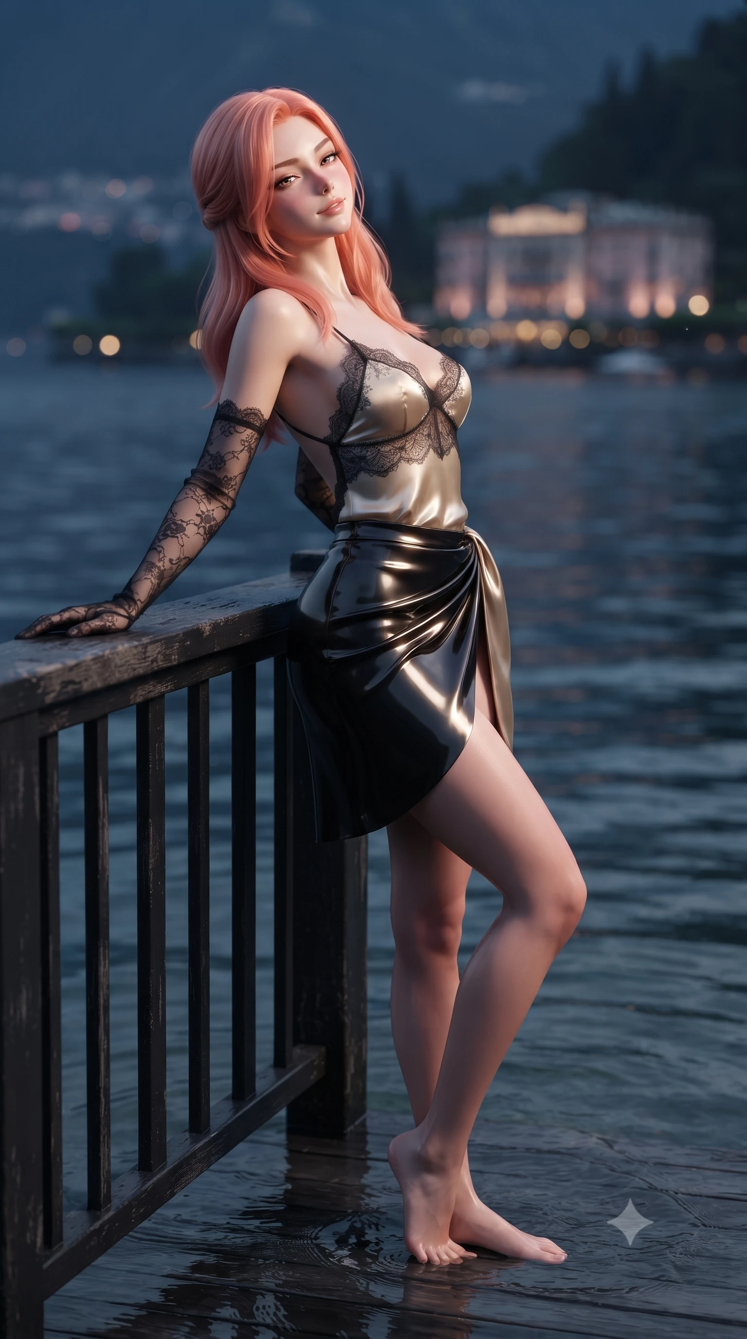 score_9, masterpiece, best quality, ultra-detailed, high-budget anime keyframe, editorial fashion photography, tasteful artistic composition, Japanese woman. close-up cowboy shot from the waist and thighs up, the character dominates the composition, filling the frame with her large presence. leaning back against the balustrade with relaxed seductive grace, head tilted back slightly while casting a hypnotic, heavy-lidded gaze while standing on the submerged black teak deck with calm lake water lapping around her ankles, arching her back with sovereign lakefront glamour. The background shows a soft-focus the dark tranquil expanse of Lake Como, distant Belle Époque illuminated grand hotels, and mountain silhouettes blurred into navy, rose-gold, and silver bokeh. She has an exceptionally elegant, slender, and willowy female figure with an ultra-slim waist, flat toned midriff, narrow ribcage, and sculpted feminine hips creating an alluring, slim hourglass silhouette without bulk. sharp v-shaped jawline, high-bridge nose, sparkling eyes with hypnotic seductive depth, thick curled eyelashes, glossy parted lips with a natural dewy peach sheen, alluring bedroom-eyes with an enchanting coquettish smile, exuding magnetic siren charisma and sophisticated glamour, flawlessly proportioned anatomical accuracy, strict slender model proportions, natural body alignment, perfectly sculpted long slender limbs, ultra-slim waistline, clean dynamic posture without body distortion. wearing a delicate lace-trimmed silk camisole paired with a draped satin wrap sarong mini skirt with high side slit in midnight obsidian black and liquid champagne gold, crafted from wet-look high-gloss vinyl fabric with dazzling specular surface reflections, complemented by sheer opera-length lace evening gloves tracing her slender arms, the precision-cut side openings and low-back scoop framing her graceful spine and the sensual sweep of her slim, toned hips. illuminated by lake water specular bounce and sharp warm-gold rim lights defining her delicate clavicles, narrow waist, and curvy hips. ultra-reflective glossy finish, specular highlights, rich textural contrasts, high-contrast stereoscopic depth, volumetric dynamic lighting, 2k, ultra detail, master piece, 9:16 ratio
