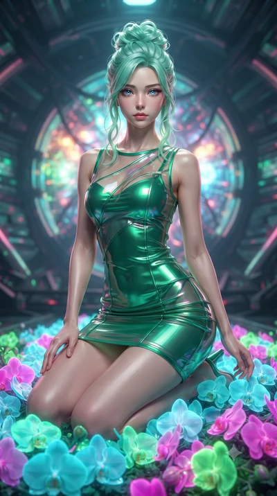 score_9, masterpiece, best quality, ultra-detailed, High-budget Anime Keyframe, editorial fashion photography, tasteful artistic composition, realistic cosplay photography, East Asian woman. Low angle cowboy shot filling the entire 9:16 frame with he