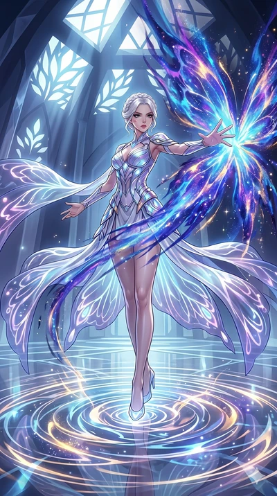 score_9, masterpiece, best quality, ultra-detailed, Set A: High-budget Anime Keyframe, Korean woman. Low angle cowboy shot filling the entire 9:16 frame with her statuesque presence. Theme: Abstract Cosmic. unleashing a massive energy wave in a templ