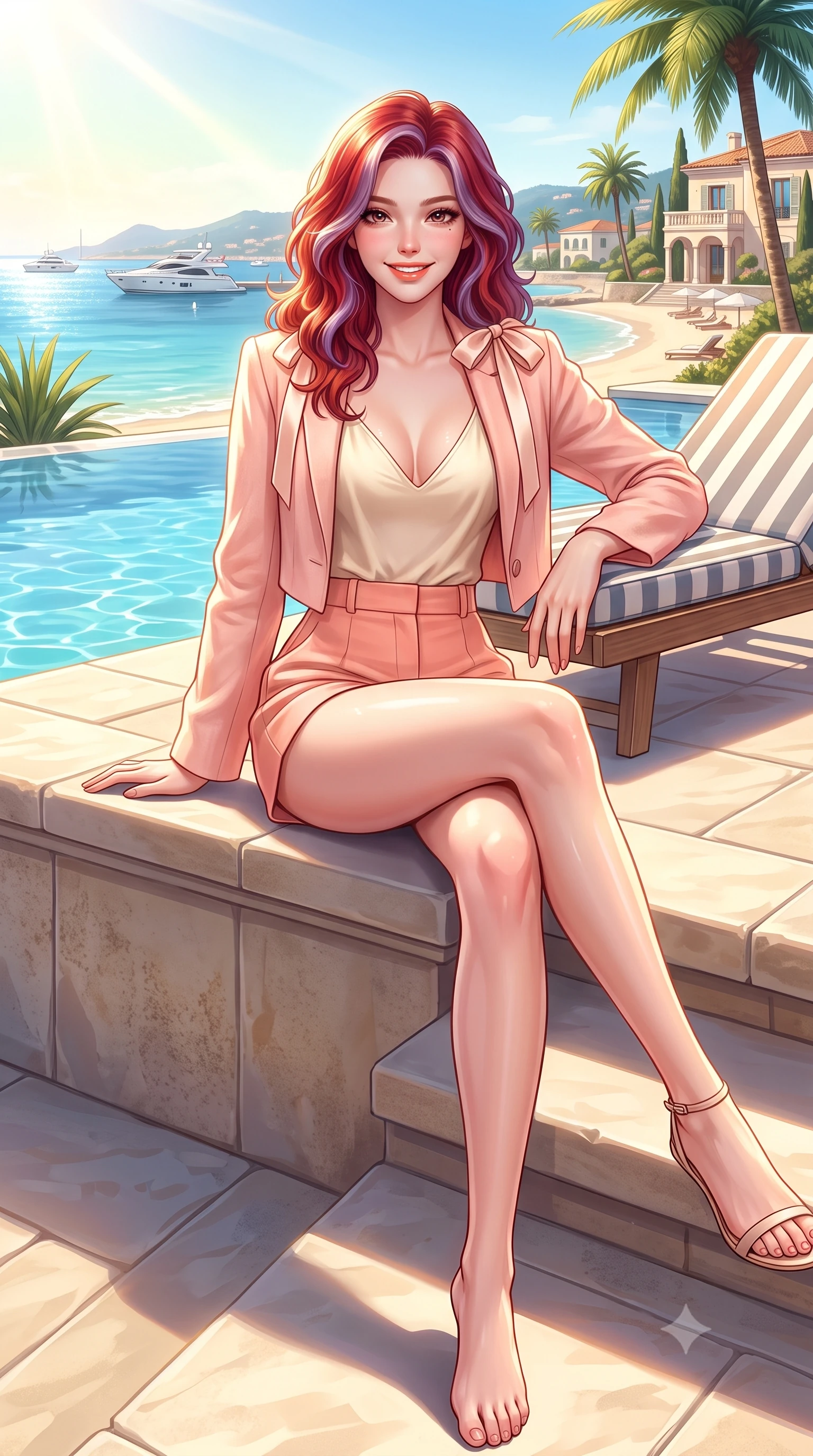 score_9, masterpiece, best quality, ultra-detailed, high-budget anime keyframe, semi-realistic 3D game render, editorial fashion photography, tasteful artistic composition, Caucasian woman. low angle full-body shot from head to toe showing her feet, filling the entire 9:16 vertical frame with her statuesque presence, stretching her vertical silhouette. sitting perched on the elevated edge with legs crossed and hips angled toward the camera, displaying her toned midriff and long slender limbs with a joyful, coquettish smile while reclining on a chic striped sun lounger propped on one elbow, her curvy hips and long slender legs caressed by golden Mediterranean sun. The surrounding environment is rendered in vivid detail and crisp panoramic clarity. detailed swimwear fabric sheen, golden sun glints on skin, and Cannes coastline clarity in high resolution. She has an exceptionally tall and slender model-like 8.5-heads proportion, an ultra-slim waist, a flat toned midriff, narrow delicate ribcage, and beautifully sculpted feminine hips creating a graceful, slim hourglass silhouette without any bulky heaviness, with impossibly long slender legs. sharp v-shaped jawline, high-bridge nose, intricate jewel-like sparkling eyes with depth, thick eyelashes, glossy parted lips with a natural peach sheen, bright cheerful beaming smile with an enchanting and coquettish sensual glint, exuding both youthful cute charm and seductive allure, flawlessly proportioned anatomical accuracy, strict slender model proportions, natural body alignment, perfectly sculpted long slender limbs, ultra-slim waistline, clean dynamic posture without body distortion. wearing a chic cropped linen blazer worn with a plunging-V camisole and high-waisted tailored hot-pants showcasing her long slender legs in pastel peach blossom pink and warm champagne ivory, crafted from soft cozy cashmere yarn with an airy drape, finished with cute satin bow ribbons tying at the shoulders, the form-fitting cut adhering flawlessly to her sculpted flat midriff and slender torso, emphasizing her long leg lines and perfectly proportioned willowy build. bathed in brilliant midday Mediterranean golden sunlight and bright white sand bounce fill. highly saturated vibrant anime colors, detailed shading with soft gradients, rich glossy textures, high-contrast stereoscopic depth, volumetric dynamic lighting, master piece, 9:16 ratio