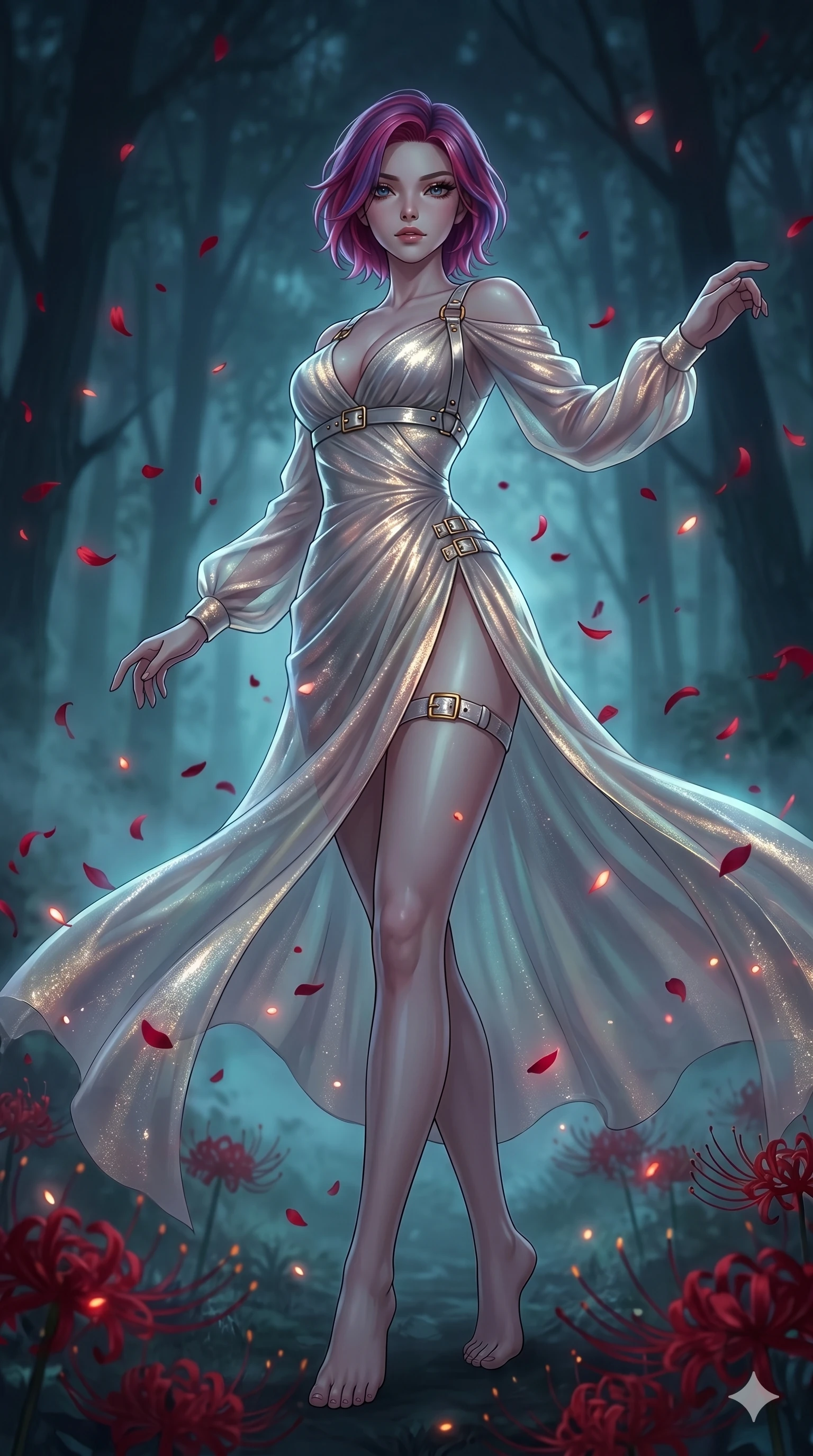 score_9, masterpiece, best quality, ultra-detailed, High-budget Anime Keyframe, East Asian woman. Low angle cowboy shot filling the entire 9:16 frame with her statuesque presence. Scenario 295: Dancing amidst falling red spider lilies in a misty dark forest. Her presence is magnetic and overpowering in this high-budget anime scene. Outfit 295: A shimmering chiffon exposed-shoulder with a thigh-high slit and metallic buckles. The clothing is designed to emphasize her exceptionally tall and slender 8-heads proportion. 8-heads proportion, towering silhouette, ultra-slim waist. sharp v-shaped jawline, intricate jewel-like eyes with depth, thick eyelashes, glossy lips. 2k, ultra detail, master piece, 9:16 ratio
