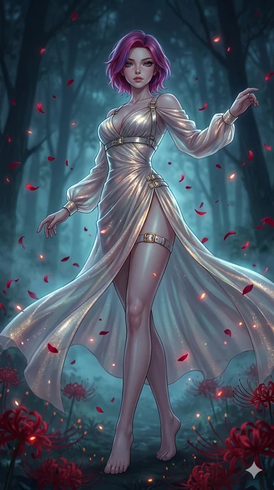 score_9, masterpiece, best quality, ultra-detailed, High-budget Anime Keyframe, East Asian woman. Low angle cowboy shot filling the entire 9:16 frame with her statuesque presence. Scenario 295: Dancing amidst falling red spider lilies in a misty dark