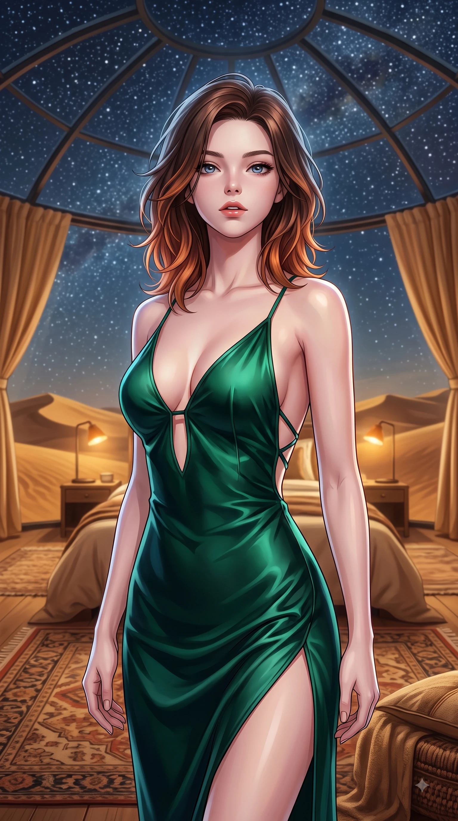 score_9, masterpiece, best quality, ultra-detailed, high-budget anime keyframe, editorial fashion photography, tasteful artistic composition, Korean woman woman. close-up cowboy shot from the waist and thighs up, the character dominates the composition, filling the frame with her large presence, background elements kept in soft focus. She has an exceptionally elegant, slender, and willowy female figure with an ultra-slim waist, a gracefully sculpted slender torso, and a refined silhouette. tilting her chin up slightly with lips parted in a composed and alluring expression, flawlessly proportioned anatomical accuracy, natural body alignment, perfectly sculpted elegant limbs, clean dynamic posture without body distortion. set against a soft-focus background of a luxury eco-dome suite in a golden sand desert under stars. wearing a plunging keyhole neck silk slip dress with an open-back design and cross-strap detailing. bathed in cool silver starlight contrasting with warm interior amber reading lamps. highly saturated vibrant anime colors, detailed shading with soft gradients, rich glossy textures, high-contrast stereoscopic depth, volumetric dynamic lighting, master piece, 9:16 ratio
