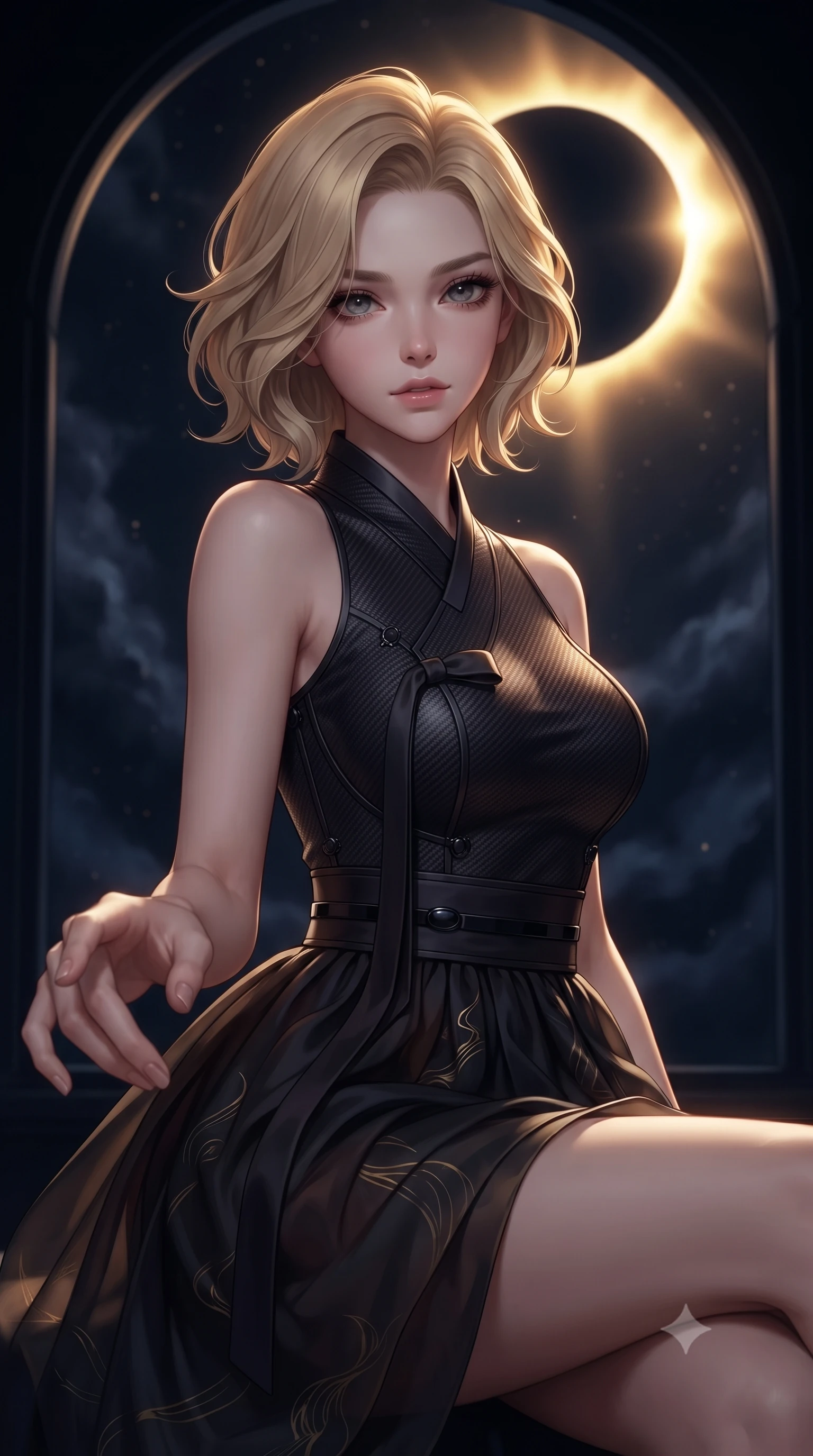 score_9, masterpiece, best quality, ultra-detailed, high-budget anime keyframe, editorial fashion photography, tasteful artistic composition, Caucasian woman. close-up cowboy shot from the waist and thighs up, the character dominates the composition, filling the frame with her large presence, background elements kept in soft focus. Reaching one hand toward the viewer with relaxed dark elegance, inside a pitch-black deep space observatory beneath a total dark solar eclipse, deep navy and pitch-black nebula clouds swirling silently outside. She has an exceptionally elegant, slender, and willowy female figure with an ultra-slim waist, a gracefully sculpted slender torso, and a refined silhouette. sharp v-shaped jawline, high-bridge nose, intricate jewel-like eyes with depth, thick eyelashes, glossy lips with a natural sheen. wearing modern fusion dark hanbok dress with structured obsidian bodice in dark mahogany, made of matte carbon-fiber weave, adorned with minimalist black onyx hardware framing the silhouette, following her slender form with tailored precision. illuminated by the radiant golden corona of a black eclipse against total dark space. highly saturated vibrant anime colors, detailed shading with soft gradients, rich glossy textures, high-contrast stereoscopic depth, volumetric dynamic lighting, master piece, 9:16 ratio
