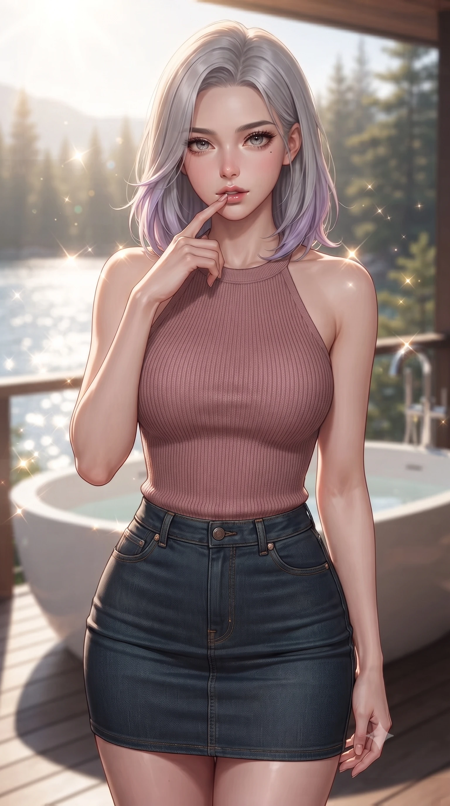 score_9, masterpiece, best quality, ultra-detailed, high-budget anime keyframe, editorial fashion photography, tasteful artistic composition, Caucasian woman. close-up cowboy shot from the waist and thighs up, the character dominates the composition, filling the frame with her large presence, background elements kept in soft focus. pressing one finger to her bottom lip in a thoughtful, seductive gesture under the warm sun the background shows a soft-focus a luxury bath tub on a private deck overlooking a quiet bay in a pine forest. She has an exceptionally elegant, slender, and willowy female figure with an ultra-slim waist, a gracefully sculpted slender torso, and a refined silhouette. sharp v-shaped jawline, high-bridge nose, intricate jewel-like eyes with depth, thick eyelashes, glossy lips with a natural sheen. wearing a form-contouring form-fitting ribbed knit halter top in dusty rose, paired with a tight-fitting denim skirt. bright morning sun rays creating sparkling glints on the water and her form. ultra-reflective glossy finish, specular highlights, metallic sheen, high-contrast stereoscopic depth, volumetric dynamic lighting, 2k, ultra detail, master piece, 9:16 ratio