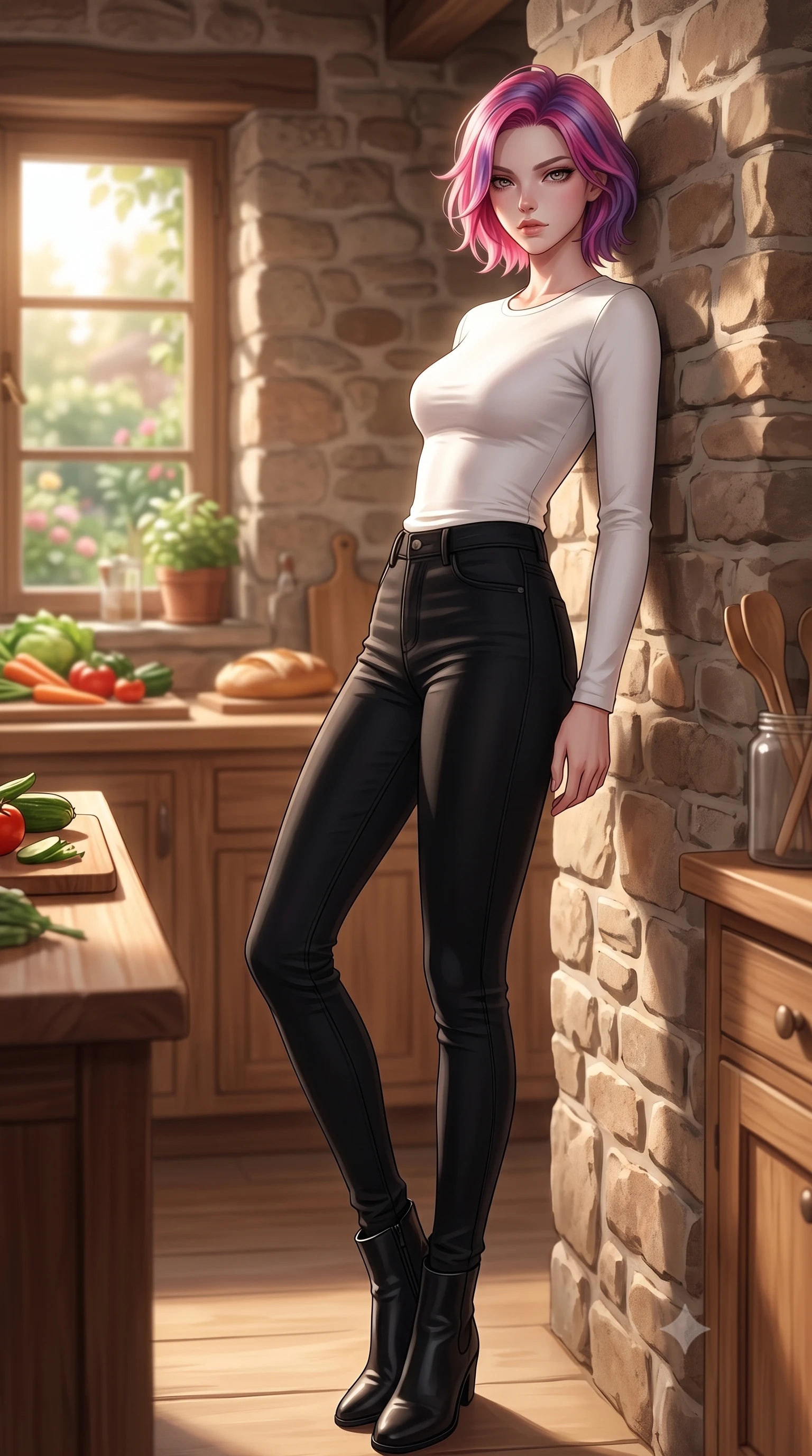 score_9, masterpiece, best quality, ultra-detailed, high-budget anime keyframe, editorial fashion photography, tasteful artistic composition, Caucasian woman woman. low angle full-body shot from head to toe showing her feet, filling the entire 9:16 vertical frame with her statuesque presence, stretching her vertical silhouette. leaning back against a rustic stone wall, casting a slow, alluring gaze at the camera the background shows a soft-focus a rustic kitchen with wooden countertops, fresh ingredients, and a window overlooking a garden. She has an absolutely perfect, statuesque 8.5-heads proportion, an exceptionally tall and slender model-like female figure with impossibly long slender legs and an ultra-slim waist. sharp v-shaped jawline, high-bridge nose, intricate jewel-like eyes with depth, thick eyelashes, glossy lips with a natural sheen. wearing a tailored tight-fitting long-sleeve tee in pure white, tucked into high-waisted black skinny pants. warm morning sunlight highlighting the kitchen counter and casting soft shadows. 2k, ultra detail, master piece, 9:16 ratio