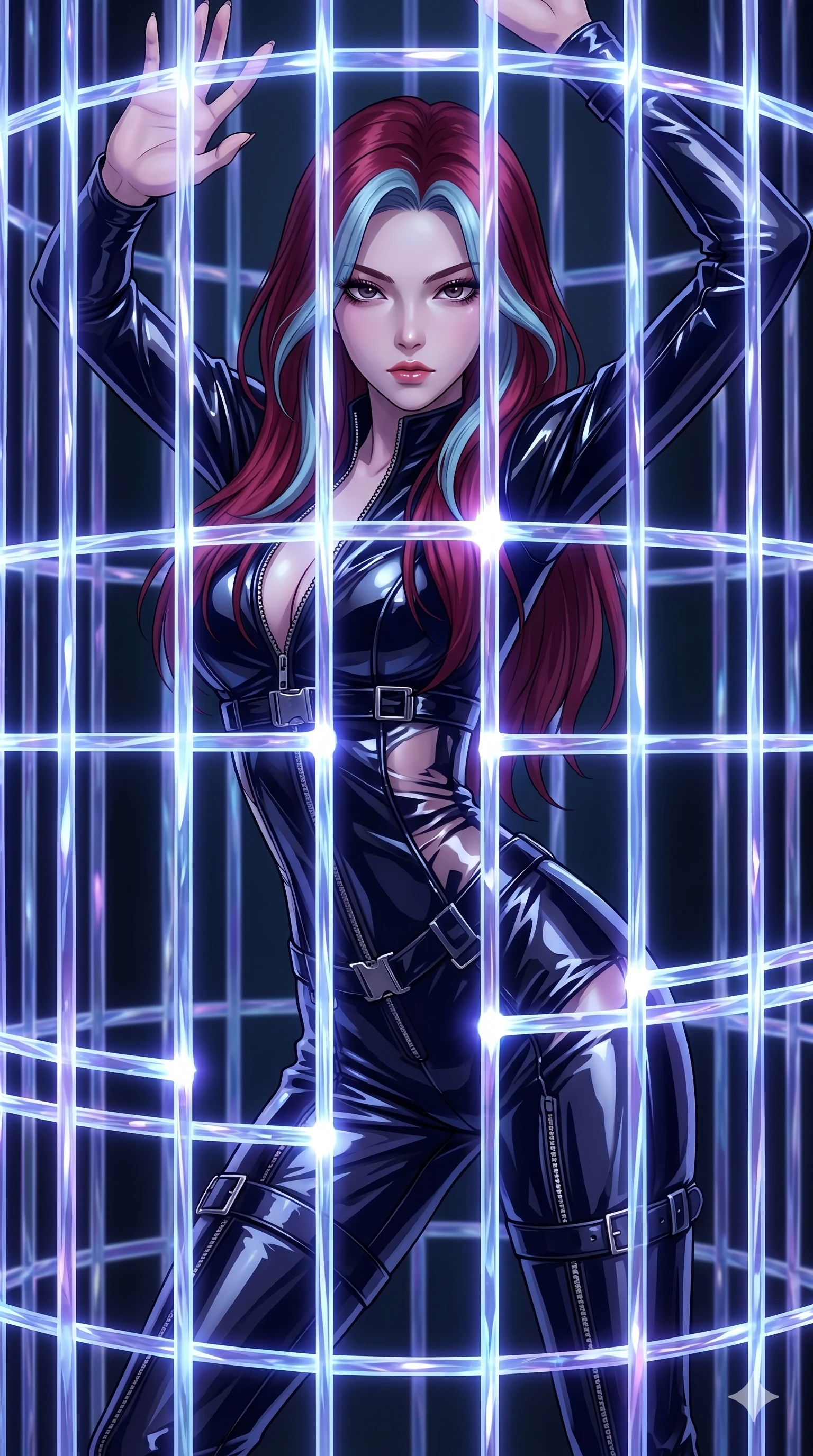 score_9, masterpiece, best quality, ultra-detailed, High-budget Anime Keyframe, East Asian woman. Dynamic full-body shot stretching the vertical silhouette to the limit. Scenario 22: Trapped in a cage of glowing crystalline fibers, body pressing against the bars. Her presence is magnetic and overpowering in this high-budget anime scene. Outfit 22: A patent leather second with a unzipped detail and metallic buckles. The clothing is designed to emphasize her exceptionally tall and slender 8-heads proportion. 8-heads proportion, towering silhouette, ultra-slim waist. sharp v-shaped jawline, intricate jewel-like eyes with depth, thick eyelashes, glossy lips. 2k, ultra detail, master piece, 9:16 ratio