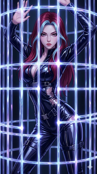 score_9, masterpiece, best quality, ultra-detailed, High-budget Anime Keyframe, East Asian woman. Dynamic full-body shot stretching the vertical silhouette to the limit. Scenario 22: Trapped in a cage of glowing crystalline fibers, body pressing agai
